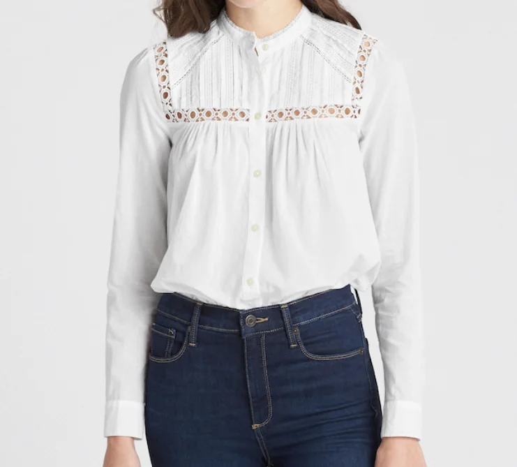 Pinktuck mock neck lace trim button down