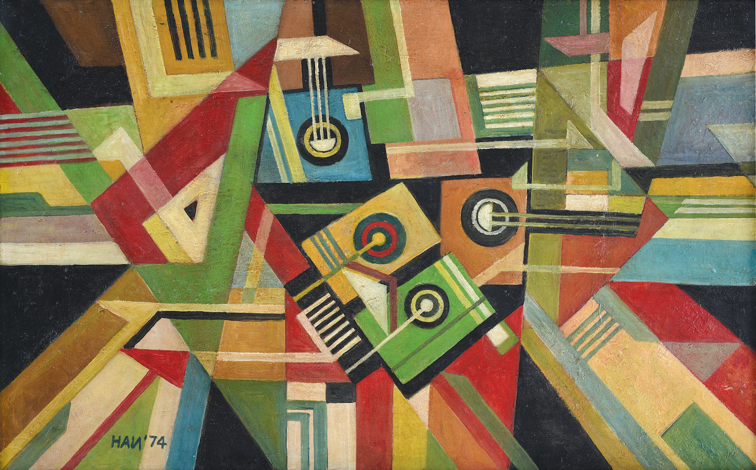 Handrio, ‘Abstraction in Space’, 1974, oil on canvas, 53 x 85cm. Image courtesy of Asia Art Center.