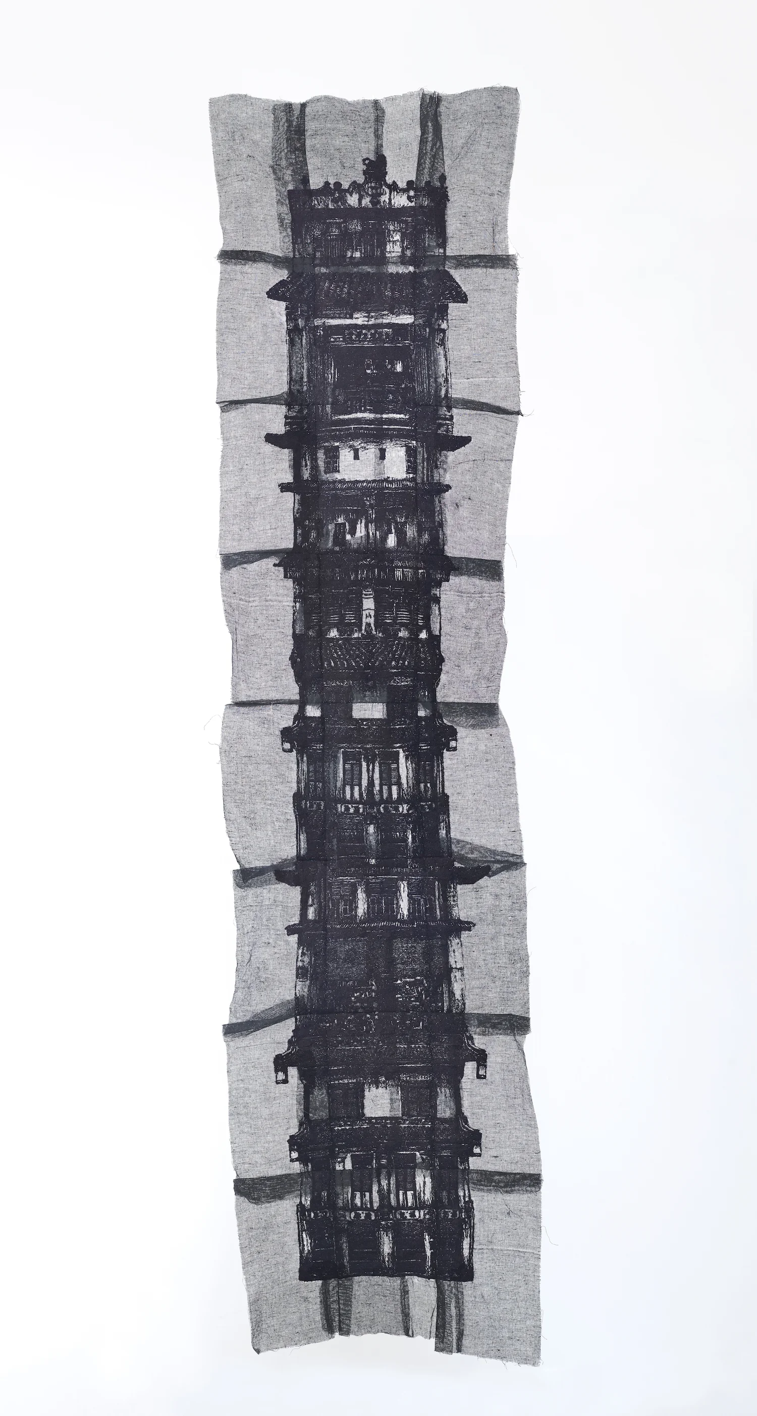 Yim Yen Sum, ‘How Tall Will You Be II’, 2018, embroidery on gauze, gauze dyed in acrylic, 205 x 52cm. Image courtesy Wei-Ling Gallery.