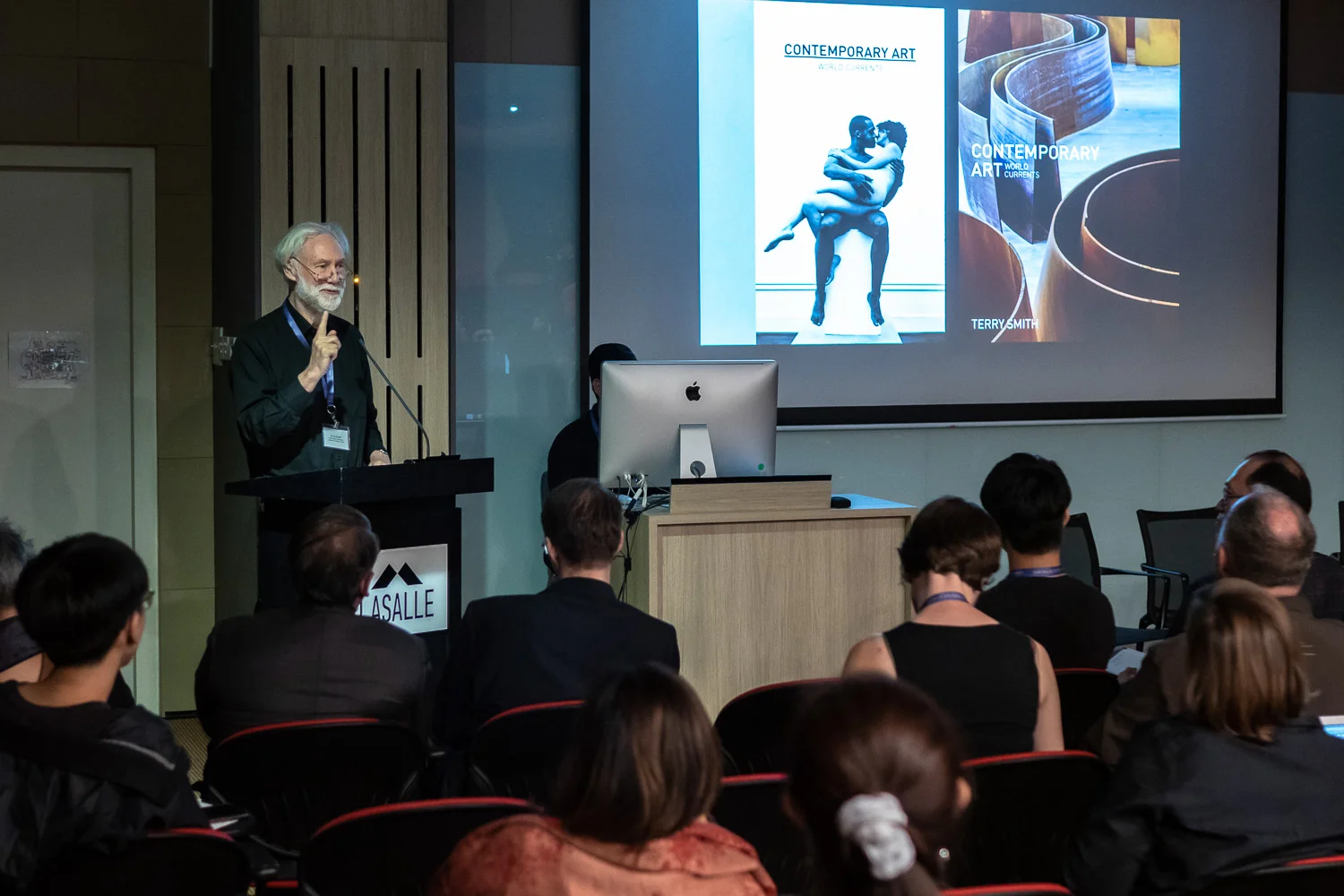Keynote speaker Terry Smith, Andrew W. Mellon Professor of Contemporary Art Theory, Department of History of Art and Architecture, University of Pittsburgh; Professor, Division of Philosophy, Art and Critical Thought, European Graduate School addressing the audience at 'Art and Action: Contemporary Art and Discourse in Southeast Asia'. Image courtesy of LASALLE College of the Arts (photo by Ken Cheong).