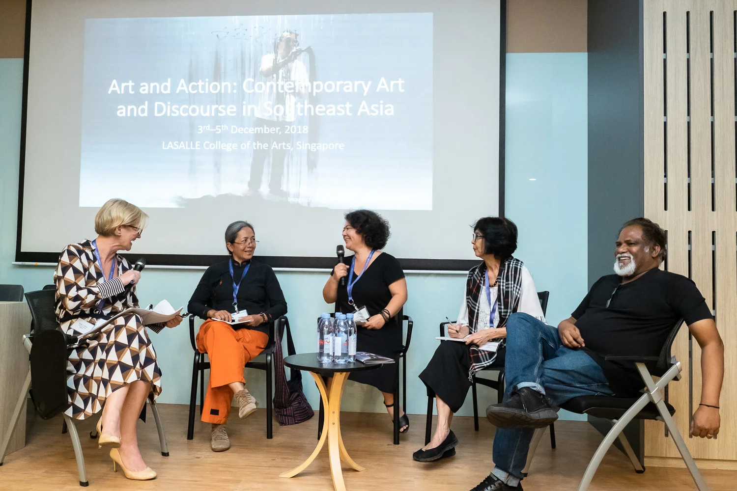 Artists Panel at 'Art and Action: Contemporary Art and Discourse in Southeast Asia'. From left to right: Sally J. Clarke, Curator and Arts Writer; Founder, Asian Arts Advisory (Singapore); Arahmaiani (Indonesia); Yee I-Lann (Malaysia); Imelda Cajipe Endaya (Philippines); and S. Chandrasekaran (Singapore). Image courtesy of LASALLE College of the Arts (photo by Ken Cheong).