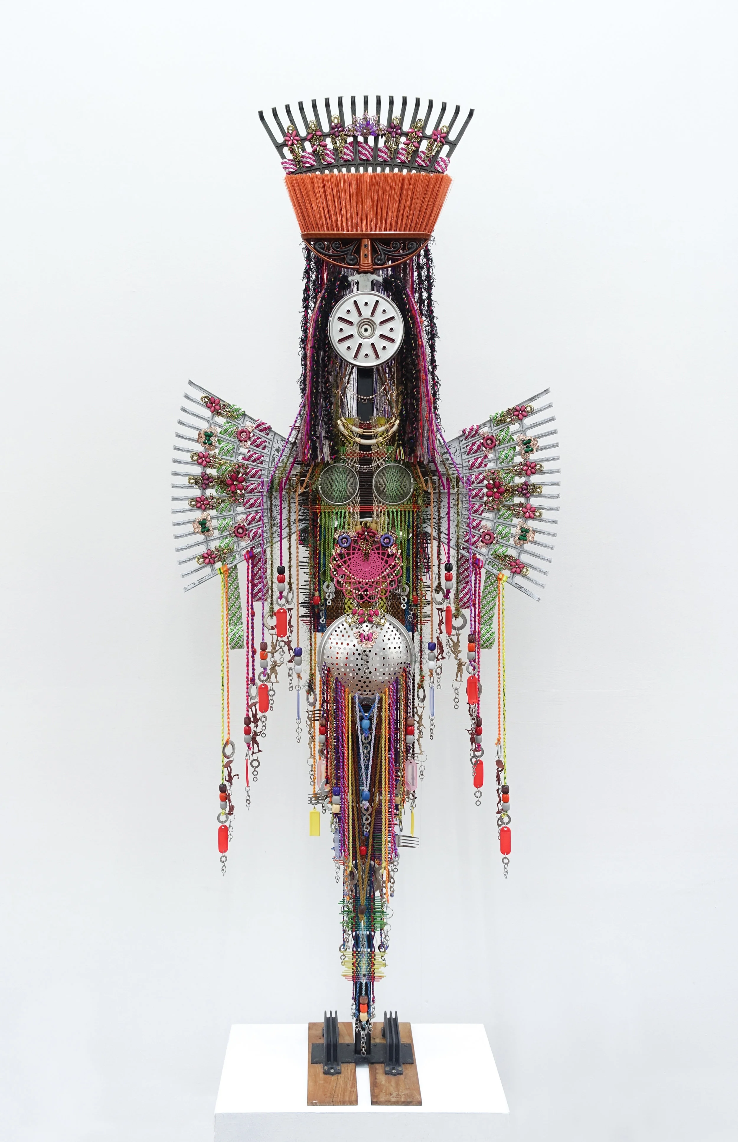 Anne Samat, ‘The Goddess of Love’, 2017, rattan sticks, yarns, washers, rakes, PVC chains, home, fashion accessories, (kitchen & garden) utensils and stationery items, 304 x 127 x 20cm. Image courtesy of Richard Koh Fine Art and the artist.