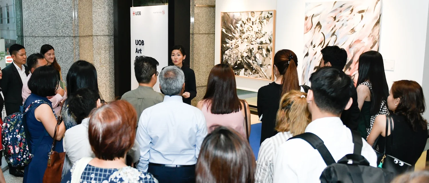 The artist speaking at the opening of ‘Enter and Echo’. Image courtesy of UOB Art Gallery.