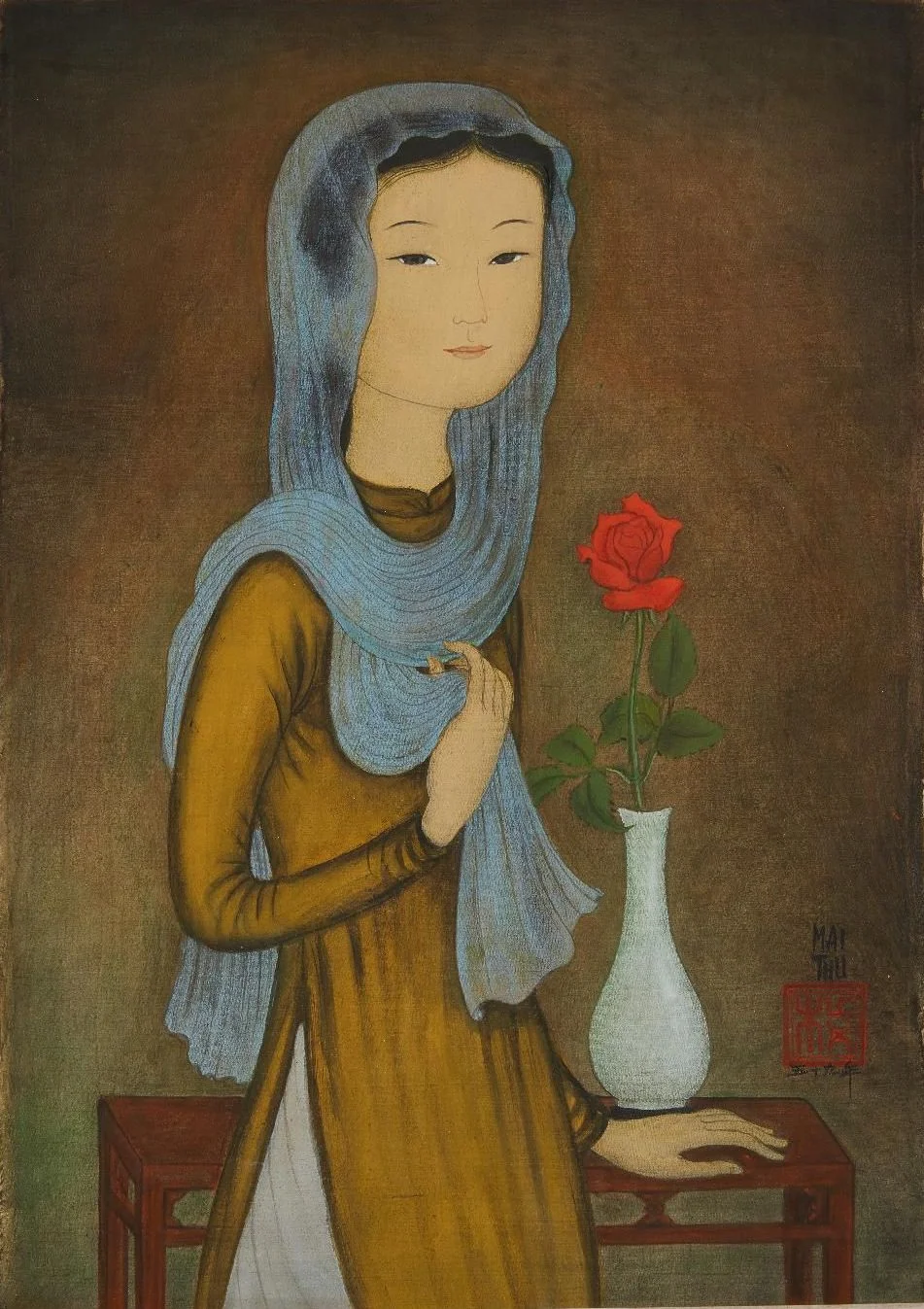 Mai Trung Thu, 'La Rose Rouge (J. femme à l'écharpe)', 1959, colour on silk laid down on cardboard, 45 x 32cm. Image courtesy of Phillips.
