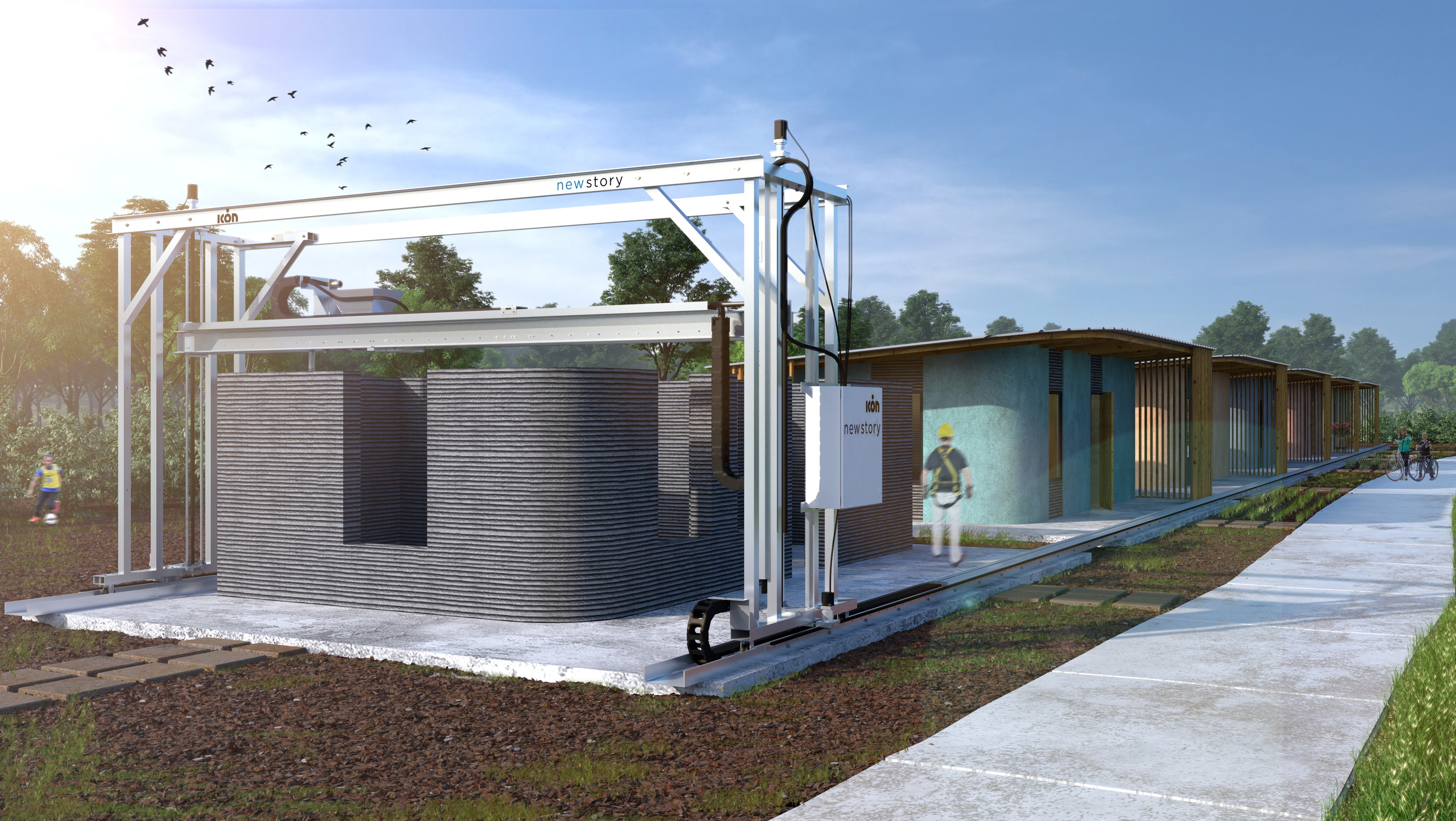Render koji pokazuje kako ICON u suradnji s organizacijom New Stroty planira "printati" kuće, izvor: iconbuild.com