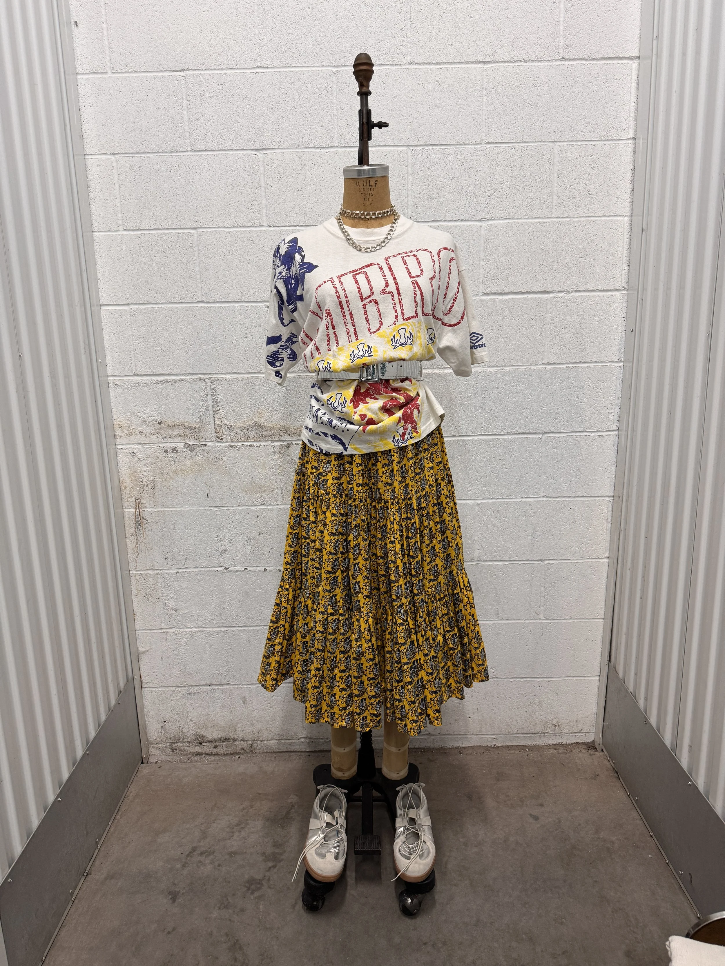 Yellow and Navy African Ankara Bird Print Midi Skirt