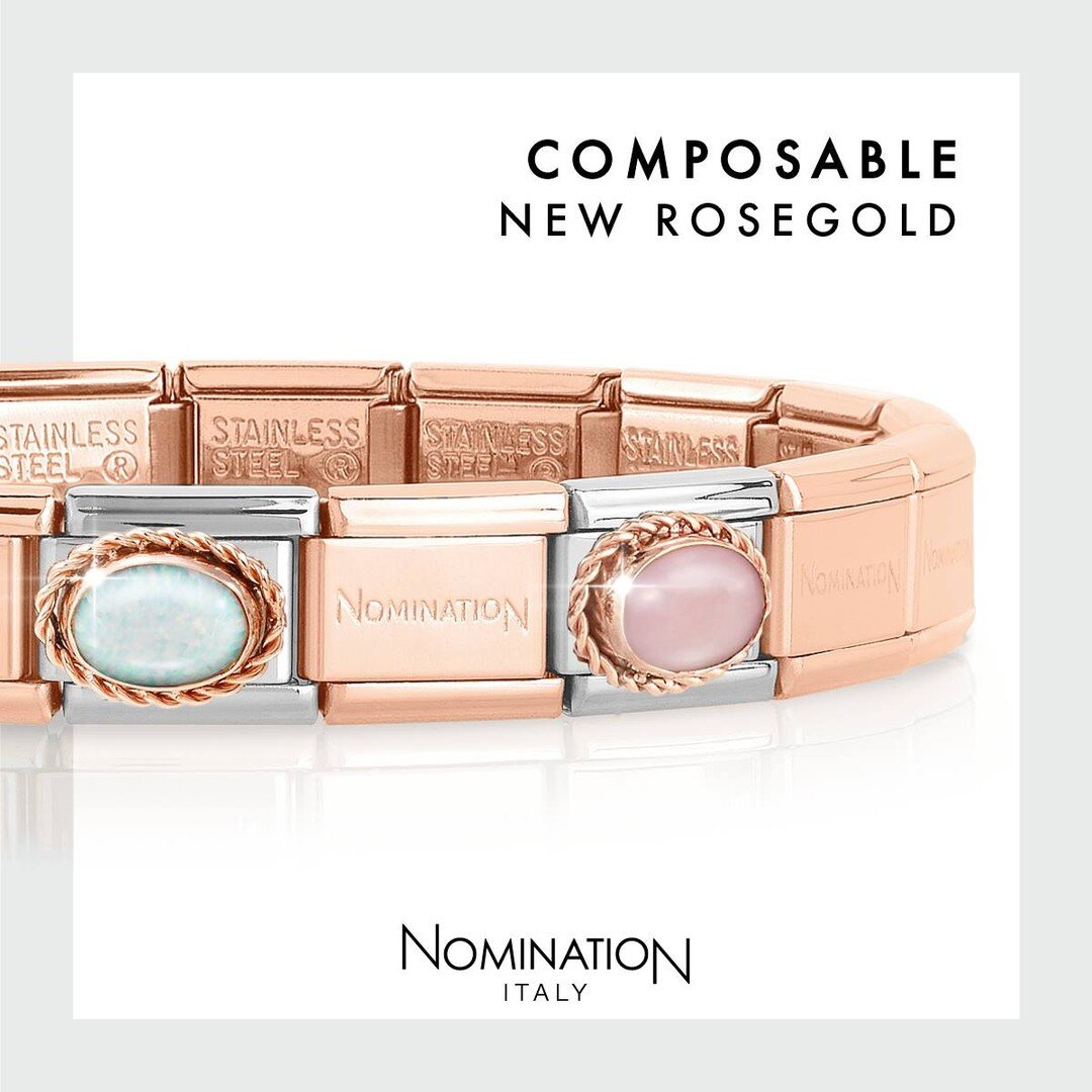 NEW @nominationitalyofficial rosegold Composable Links are available now. Cabochon cut natural stones in a decorative twisted setting in rose gold.⁣ Enchanting details in luscious Rosegold to treasure all of the precious moments and events in your li