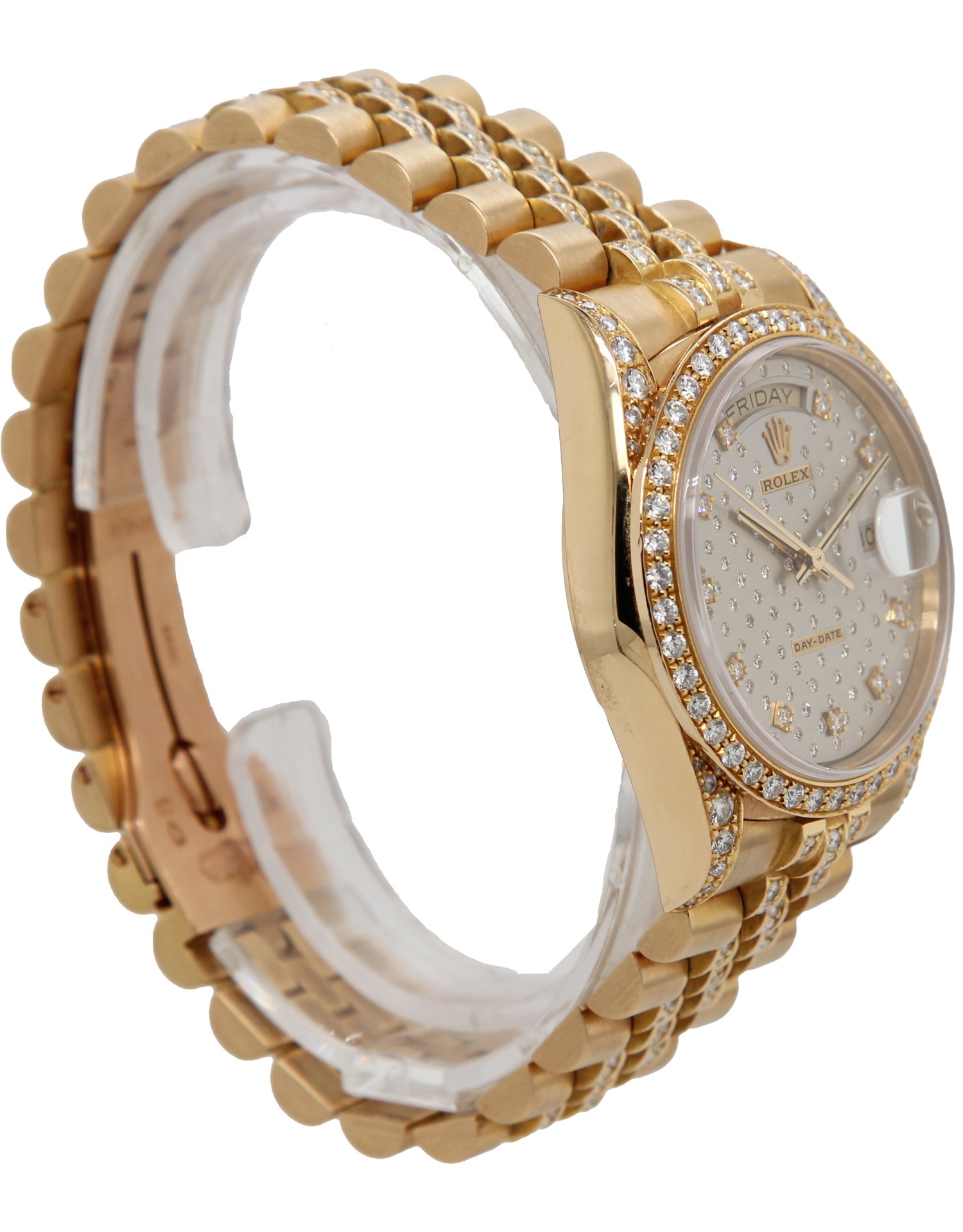 Rolex Yellow Gold DayDate Crown Collection Silver Scattered Diamond