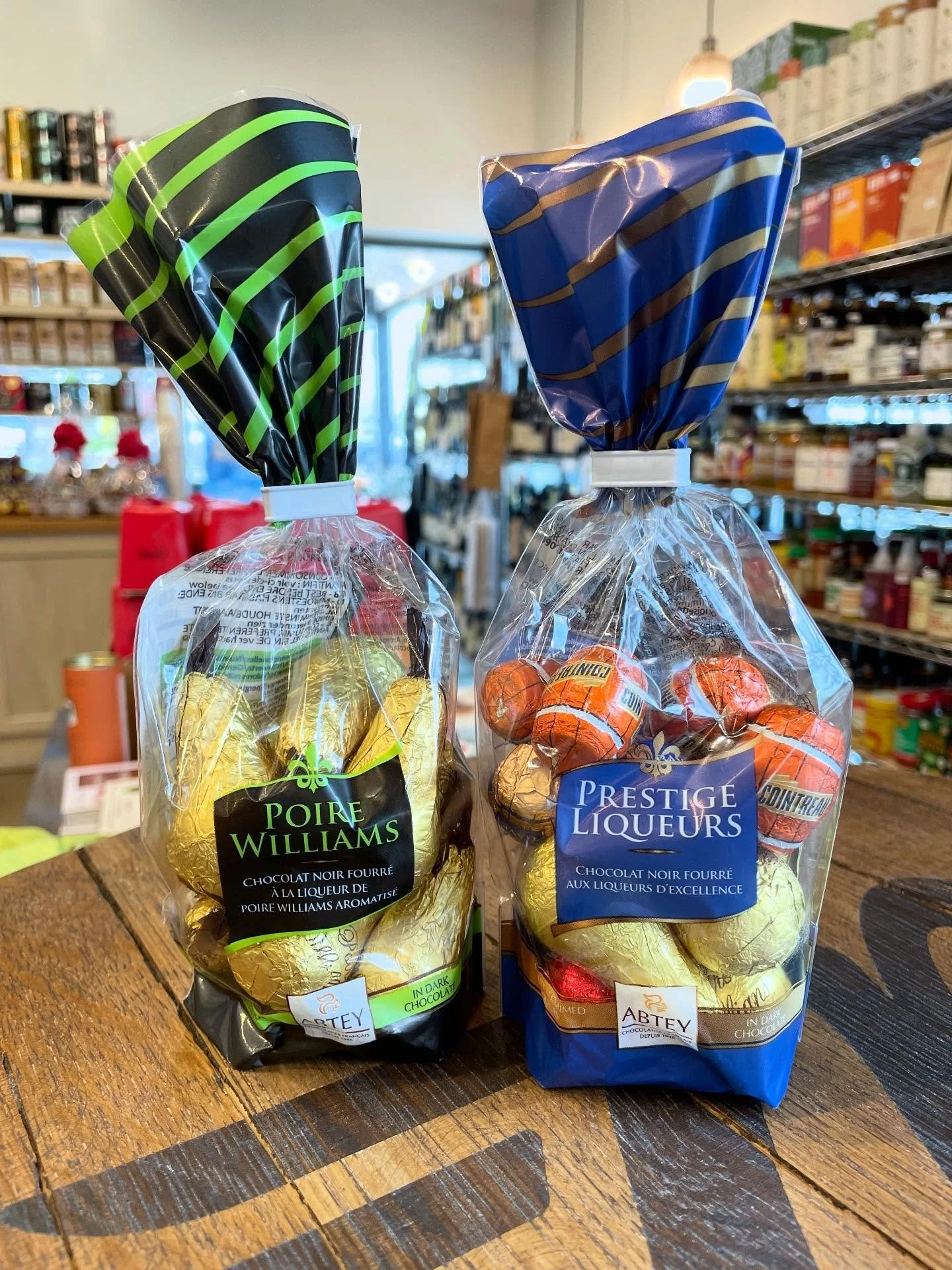 Holiday sweets for the grown ups! These brandy-filled, dark chocolate pralines are just one of the many exciting treats coming in for the holidays. Try the version filled with Piore Williams, a delicious Bartlett pear liquor, or the variety pack cont