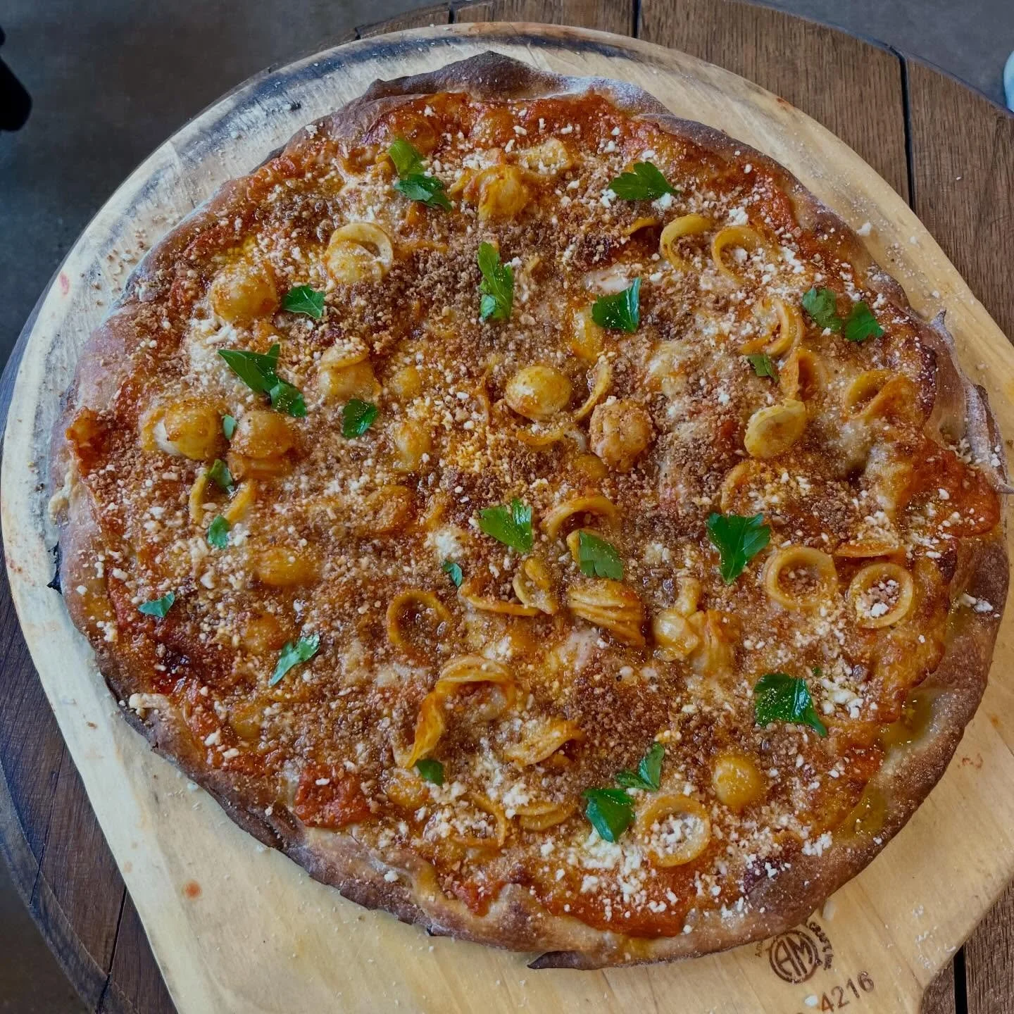 Our beautiful VODKA MAC AND CHEESE pizza is a fan favorite! We hope it will keep you warm during the depths of winter! 🍕❄️

Made with Provolone, Fontina, Vodka Sauce, Nduja (a type of soft pork sausage), Orecchiette, and finished with Pecorino and H