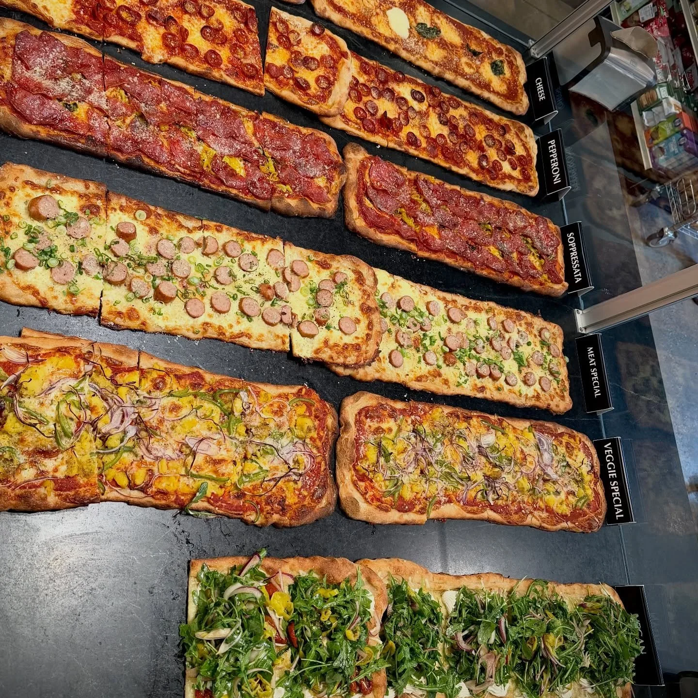 MONTE&rsquo;S &ldquo;PRONTO SLICE BAR&rdquo;
Is the place for good food fast! 
We make two-styles of pizza - a round &ldquo;pinsa&rdquo; for our made-to-order pizzas is our signature, but they take so much time to make and par-bake that we serve &ldq