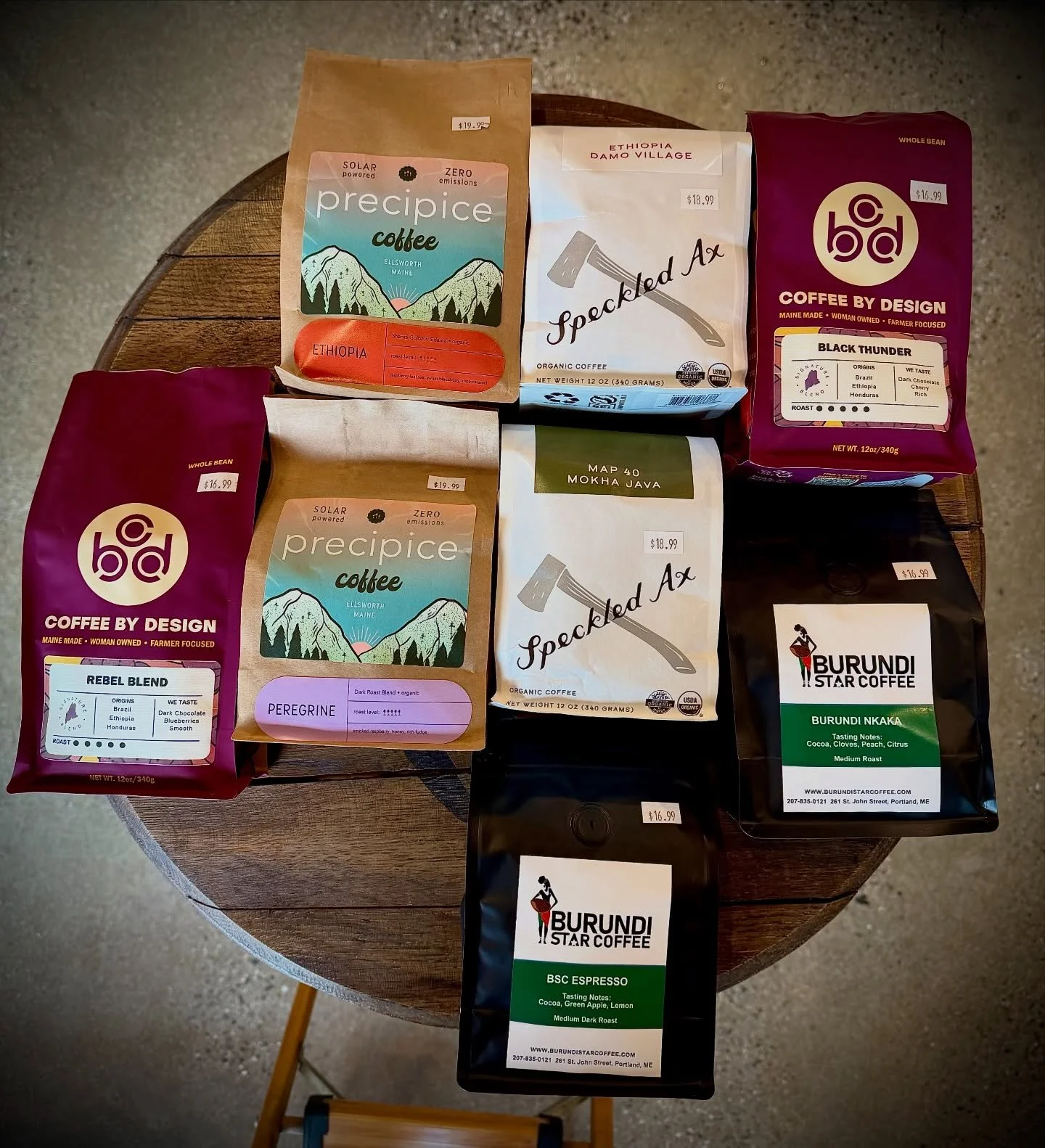 LOCAL COFFEES from @burundistarcoffee @precipicecoffee @speckledaxcoffee @coffeebydesign 
SWIPE for our full selection.  Get your beans at Monte&rsquo;s and support the best of local! 

#shoplocal #coffeebeans #market #portlandmaine
@montesfinefoods