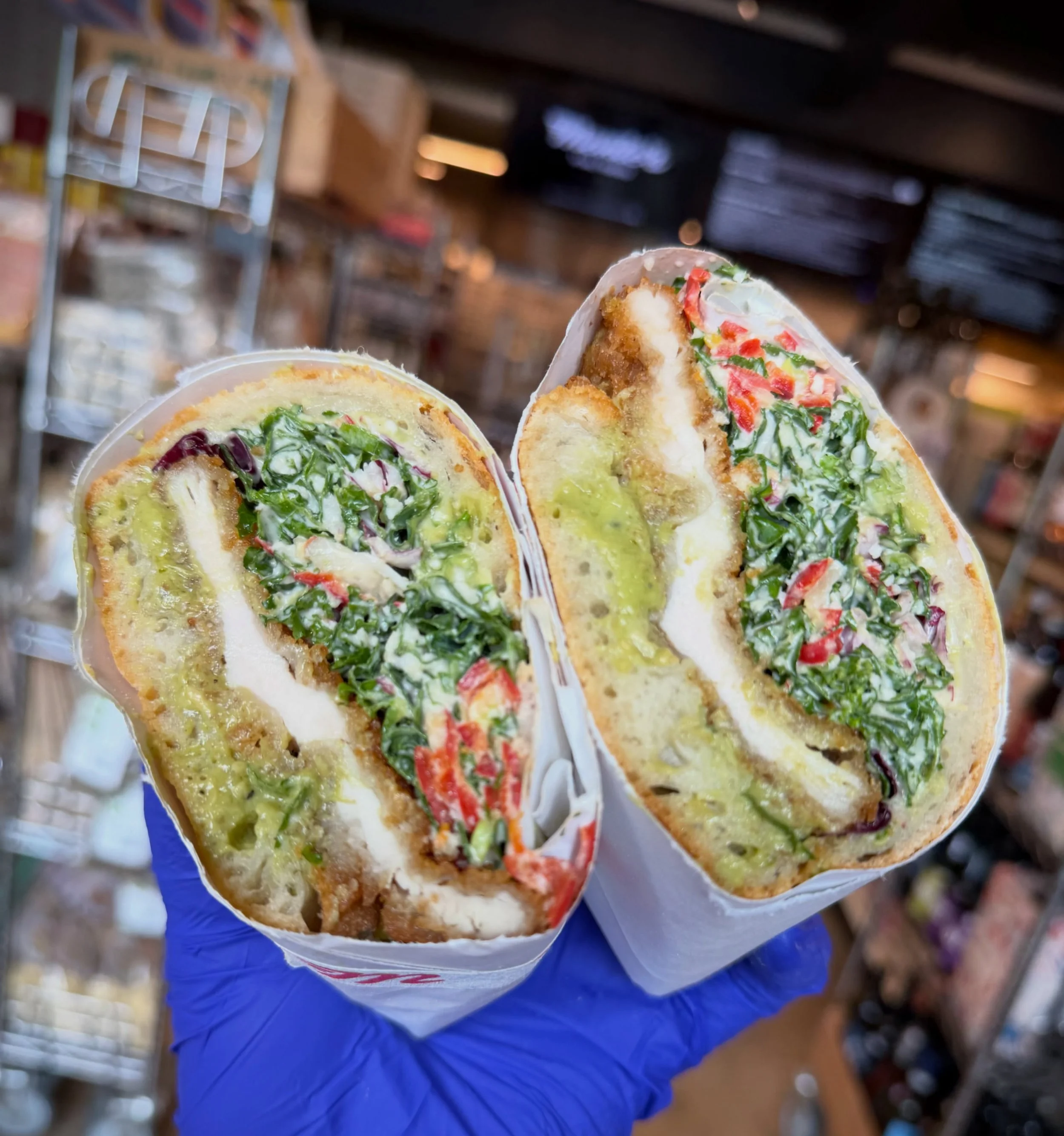 AVO-CHICKEN CAESAR
Creamy avocado, dark greens, pickled Fresno, lemony Caesar dressing, warm chicken cutlet on our bakery&rsquo;s sourdough Stirato.  On our menu every day - hallelujah!

HAPPY FRIDAY EVERYONE! 
#sandwiches #bakery #caesarsalad #marke