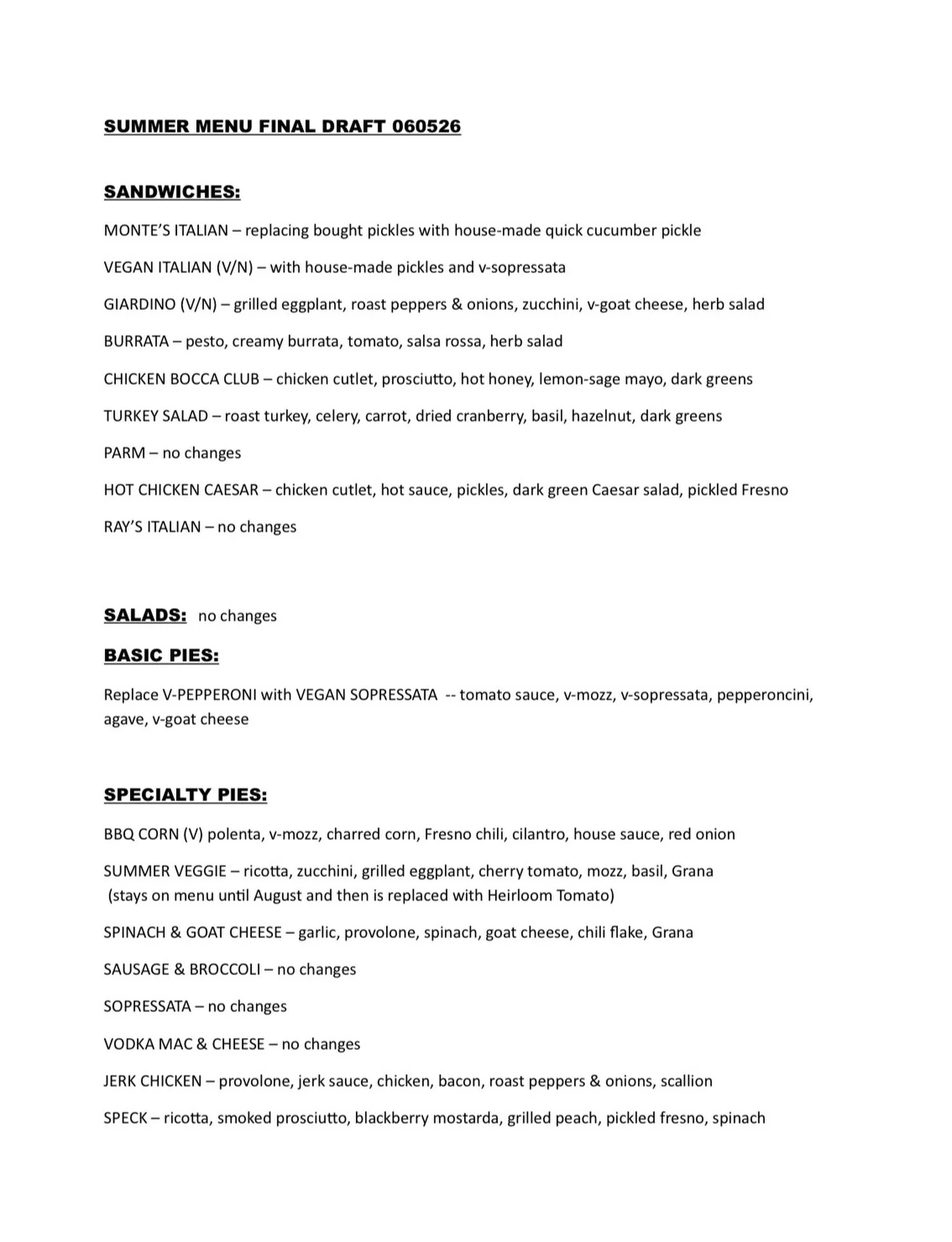 FUTURE MENU ITEMS
We have new menu items rolling out over the next few weeks and thought we&rsquo;d like to tell you a little about the changes and hear from you!  Note: nothing&rsquo;s changed yet!

PIZZA MENU - 4 seasonal &ldquo;Specialty Pies&rdqu