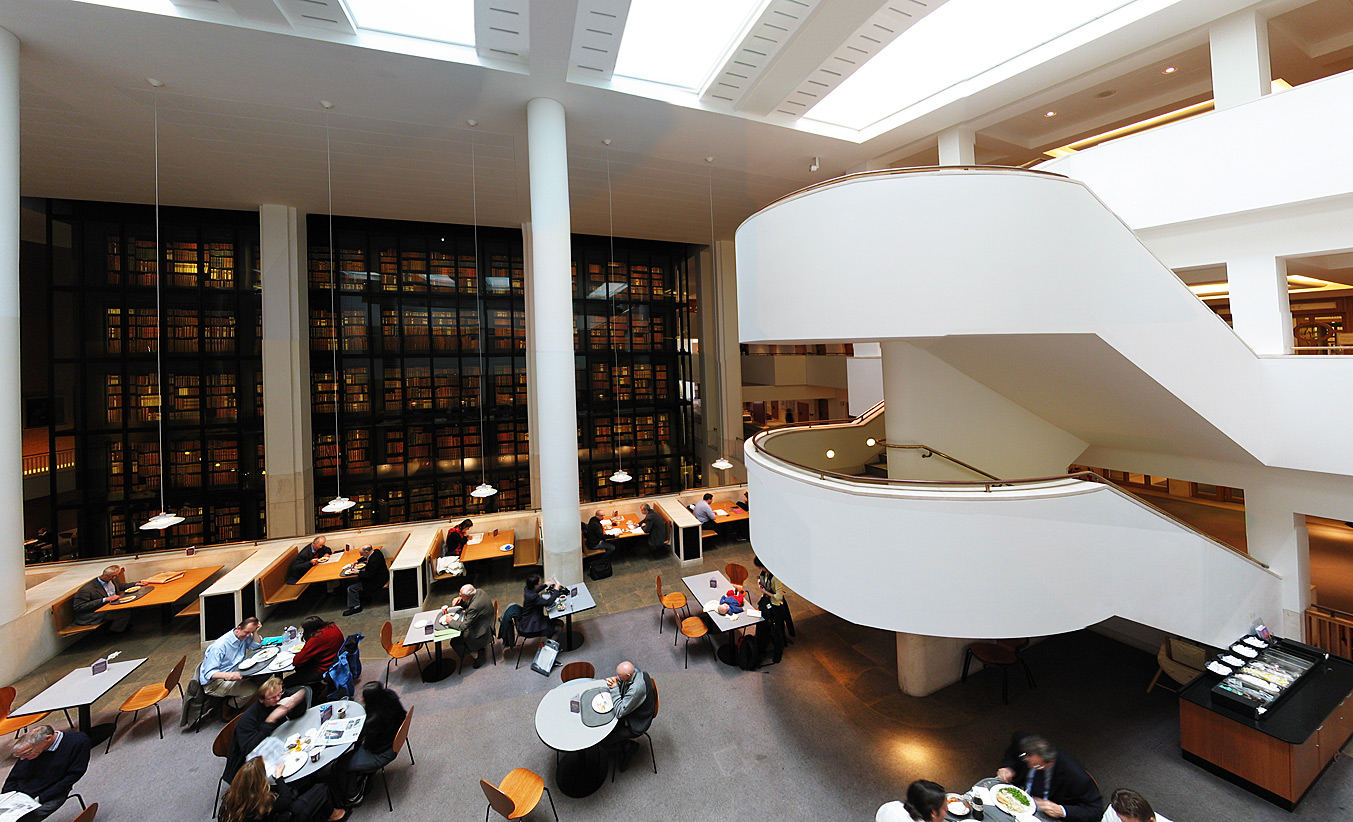Interior of the British Library designed by Colin St. John Wilson, with the enclosed, smoked glass ''King's Library'' at its centre , Photograph Credit: Andrew Dunn, 2004.