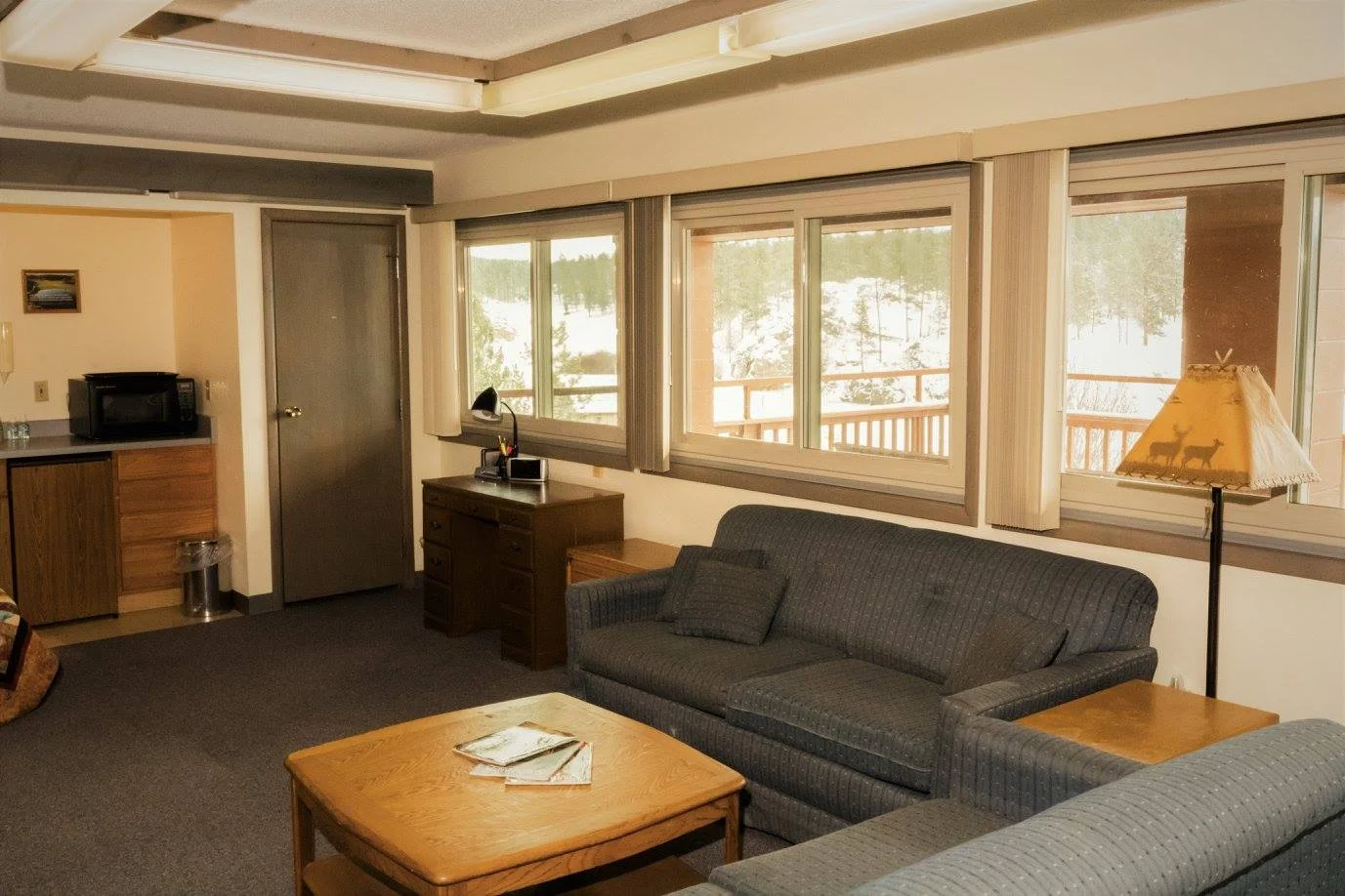The lounge in the lodge retreat center is a perfect place to relax by the fire with a cup of homemade hot cocoa.