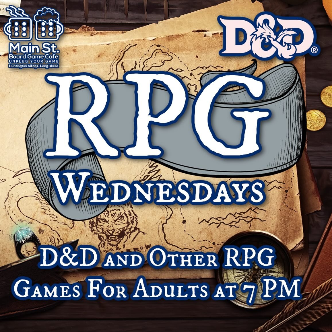 RPG Wednesday this week! Join us for a fun one-shot evening of D&amp;D! All levels including beginners are welcome! Join our warm, welcoming RPG community at Long Island&rsquo;s safest space for tabletop games!

#mainstboardgamecafe #flgs #Unplugyour