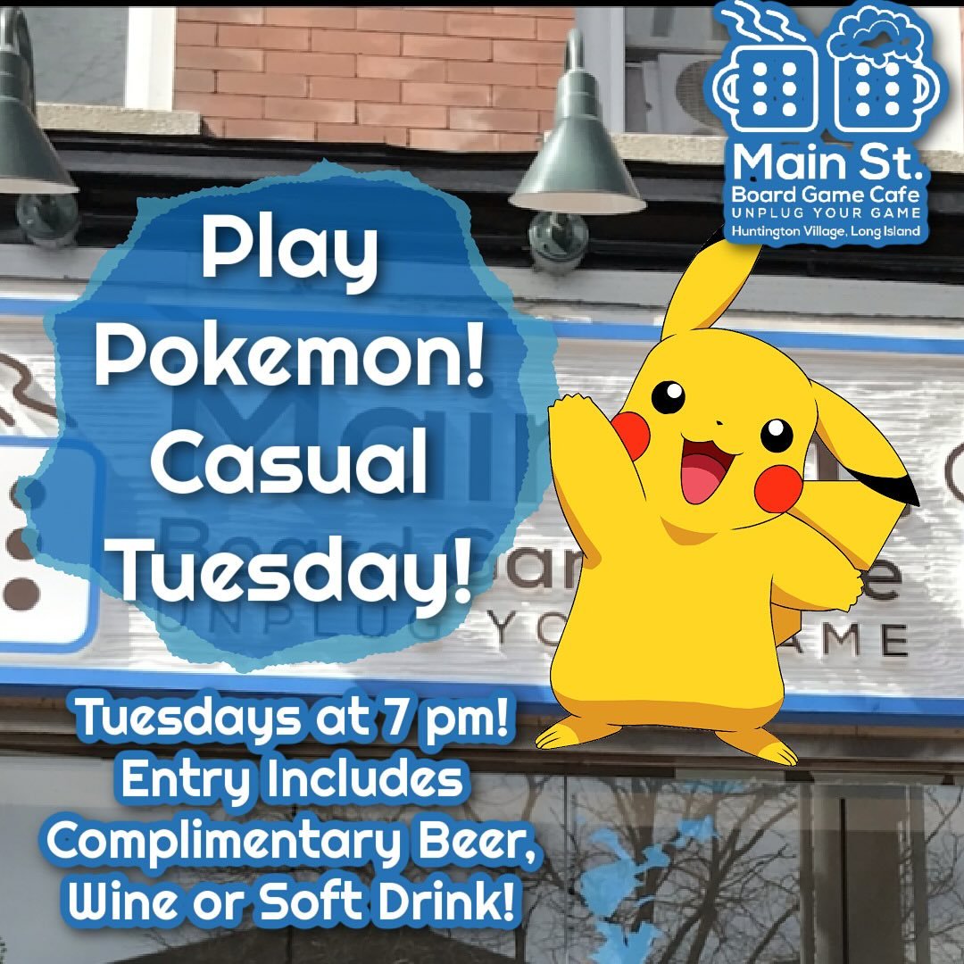 Play Pokemon! Casual League debuts tonight at 7 pm! Meet other players and learn the game! All levels of players welcome! Includes a complimentary beer, wine or soft drink with entry!

#mainstboardgamecafe #flgs #Unplugyourgame #screenfreekids #famil
