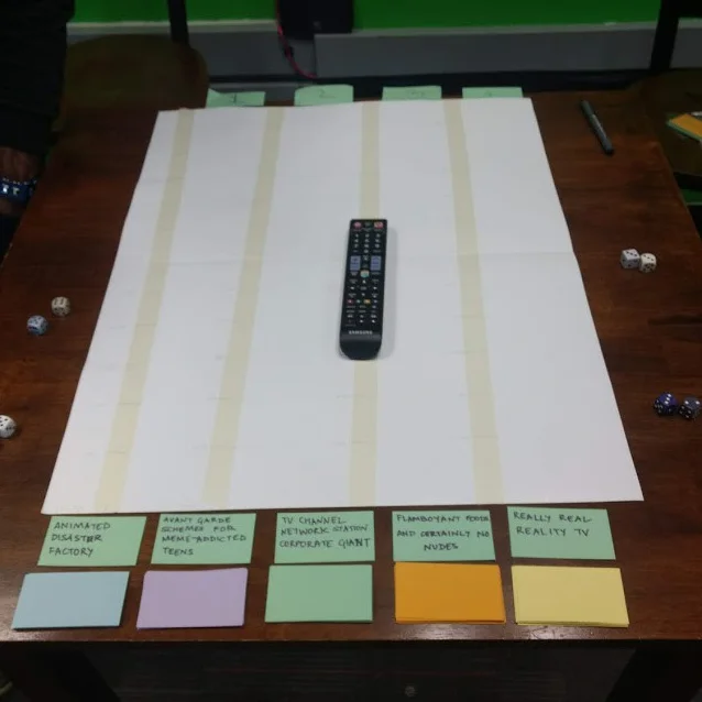 The final setup – Time slots, 5 channel cards and TV show card decks