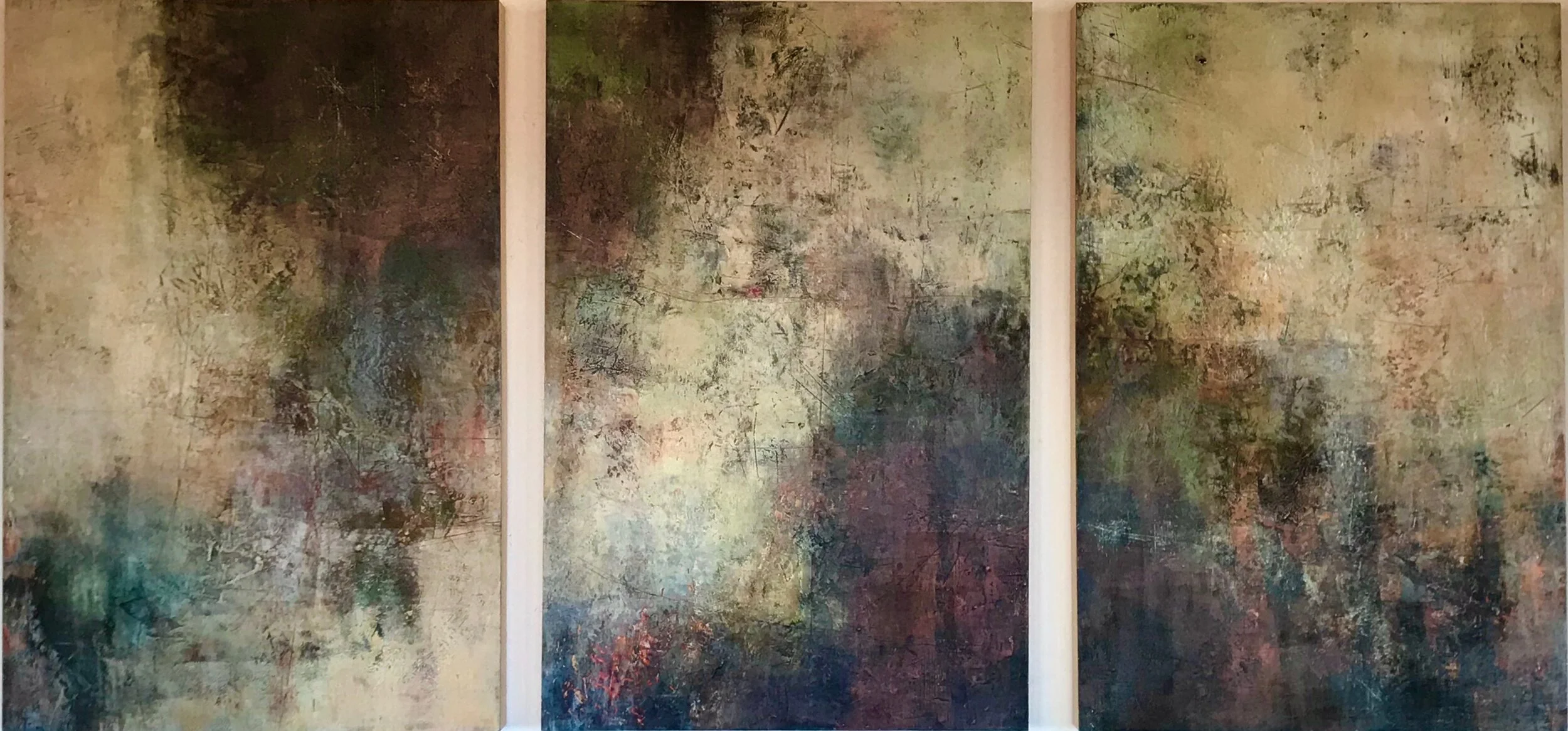 ELEGY    2021,  oil pigment &amp; beeswax on panels,   triptych: 36” x 76” x 2”