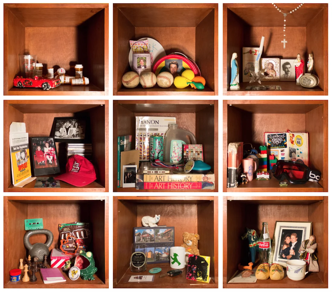 Still Lifes/Dioramas I Arranged About Death, Religion, Love, and Life in Nine Cubbies My Grandpa Built, 2017, each photo 14 1/2” x 12 3/4”, digital prints