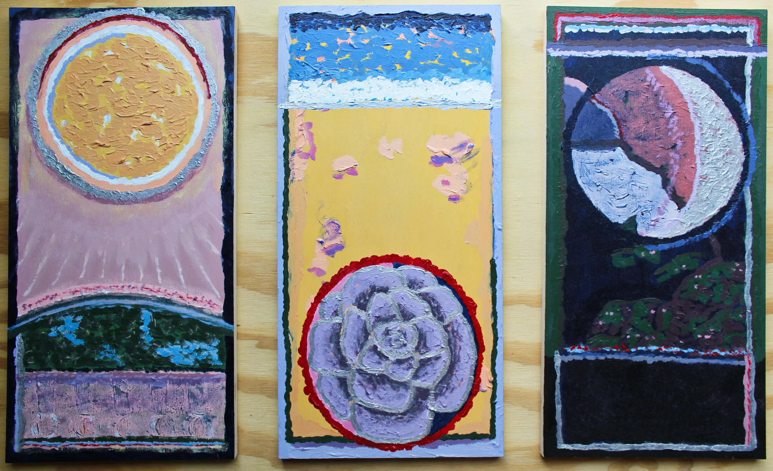 Sun/Rose/Moon Triptych, 2019, 12” x 6” each, acrylic on wood