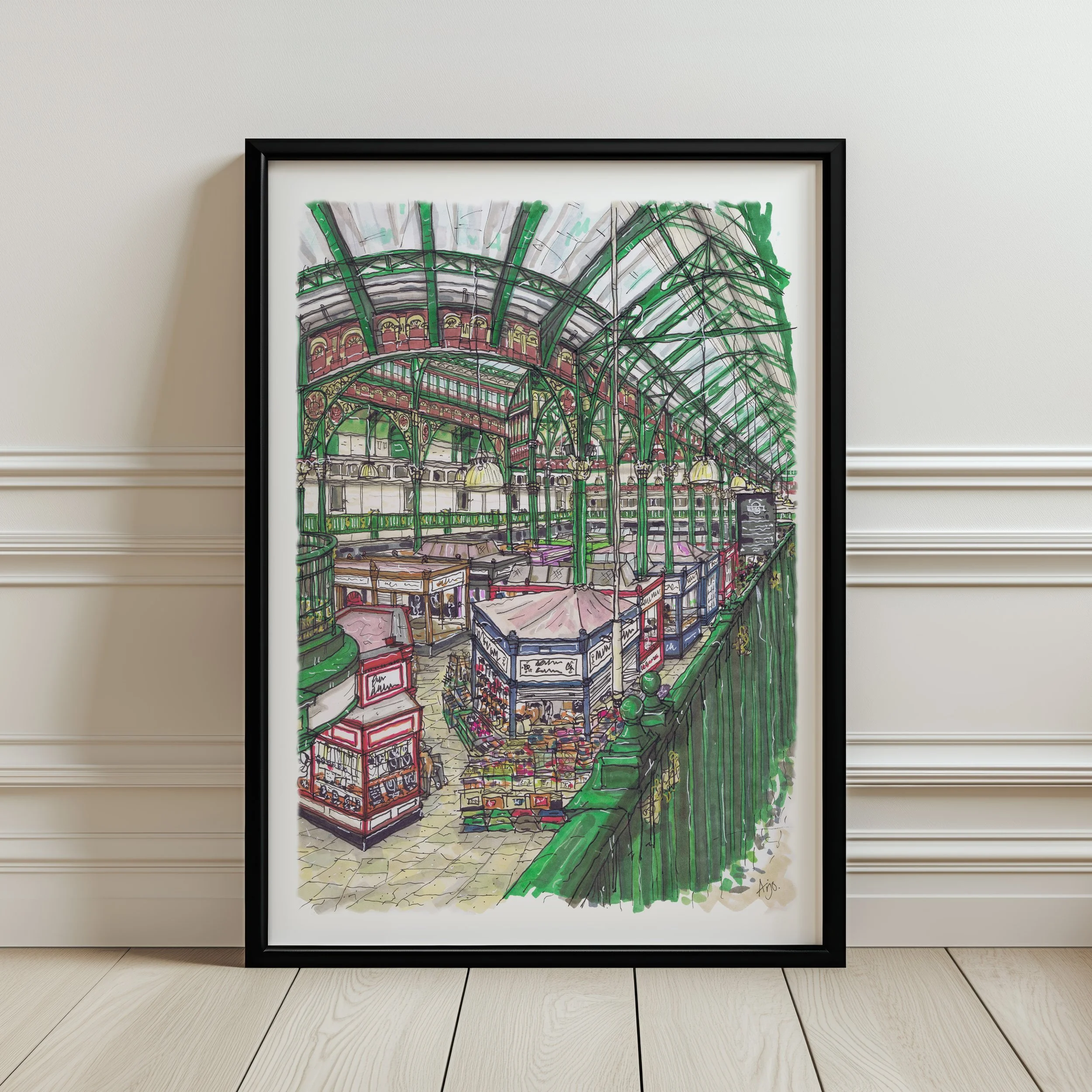 Leeds Kirkgate Market Interior Print — Hand-Drawn Architecture Art