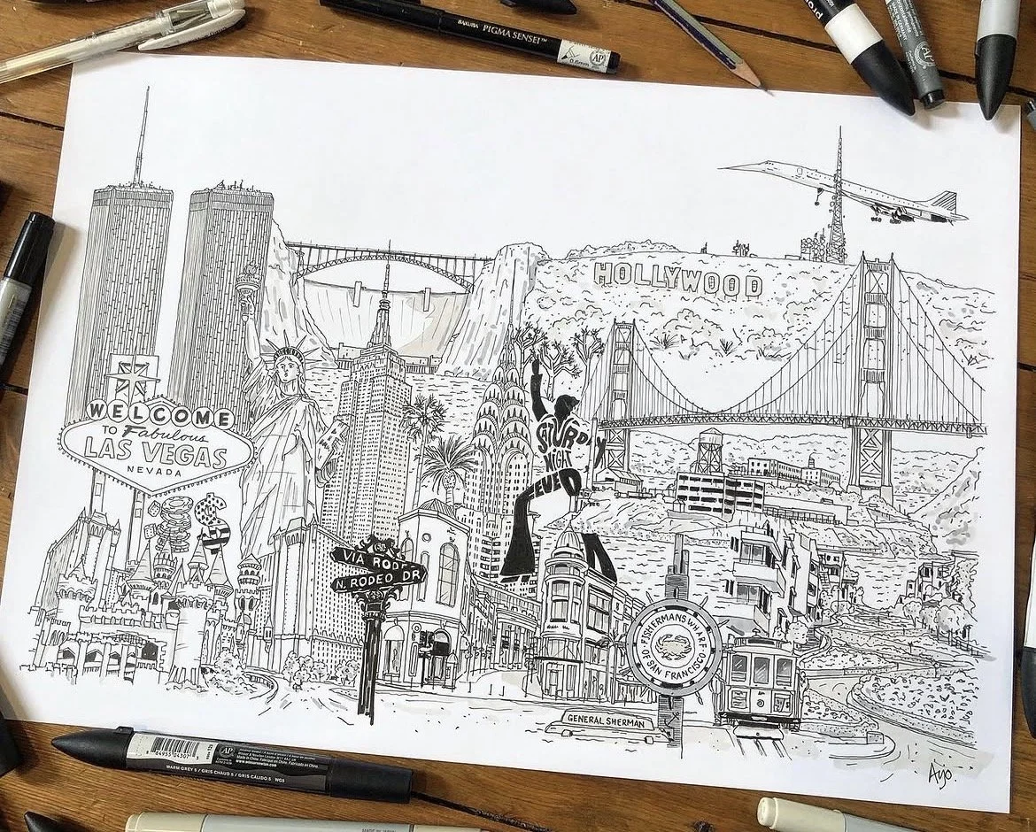 A detailed black and white sketch of famous landmarks from Las Vegas, Nevada, and San Francisco, California, including the Las Vegas Welcome sign, the Statue of Liberty replica, the Empire State Building, a roller coaster, the Hollywood sign, the Golden Gate Bridge, a cable car, and an airplane flying above.