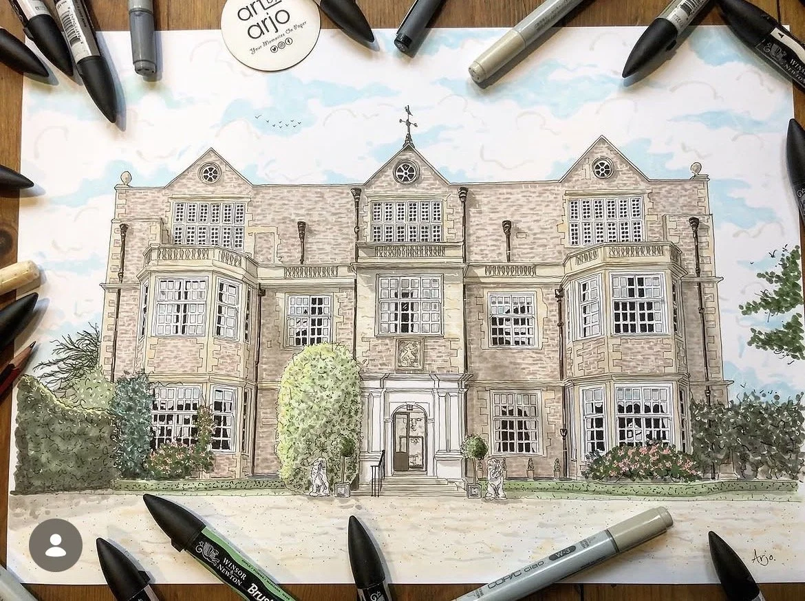 Colored pencil drawing of a large, historic-style mansion with multiple windows, balconies, and a central entrance, surrounded by trees and shrubs.