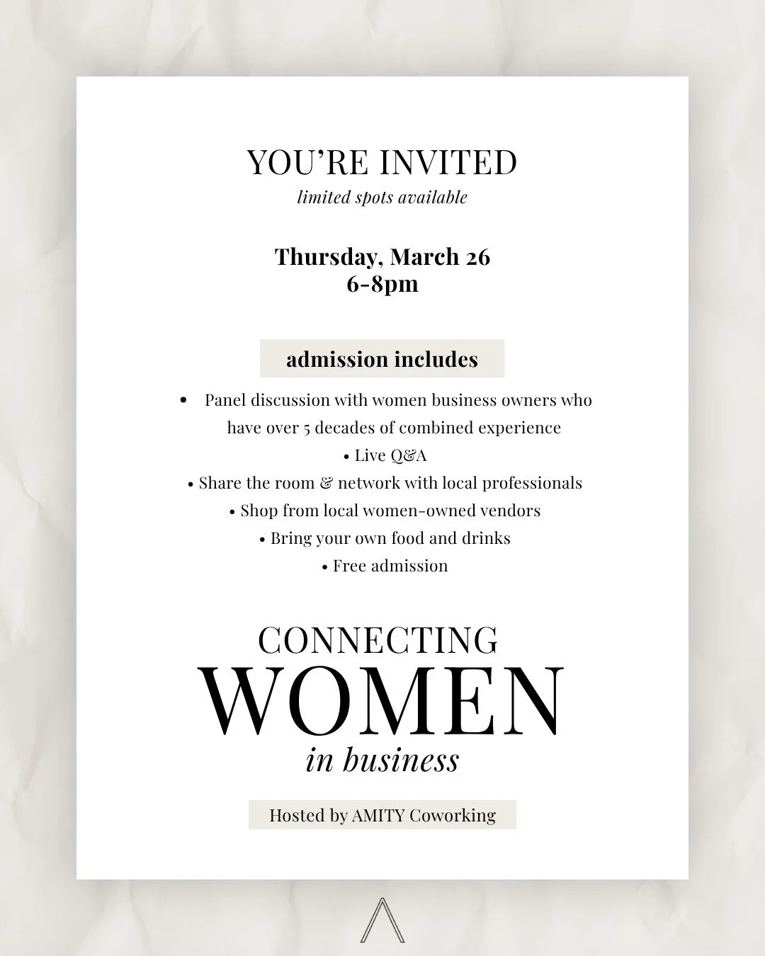 ✨ "Are you ready for it!?" ✨

Join us next Thursday, March 26 for our Connecting Women in Business panel at AMITY 💫

Expect real conversations, inspiring stories, and valuable insights from women business owners who are building, growing, 