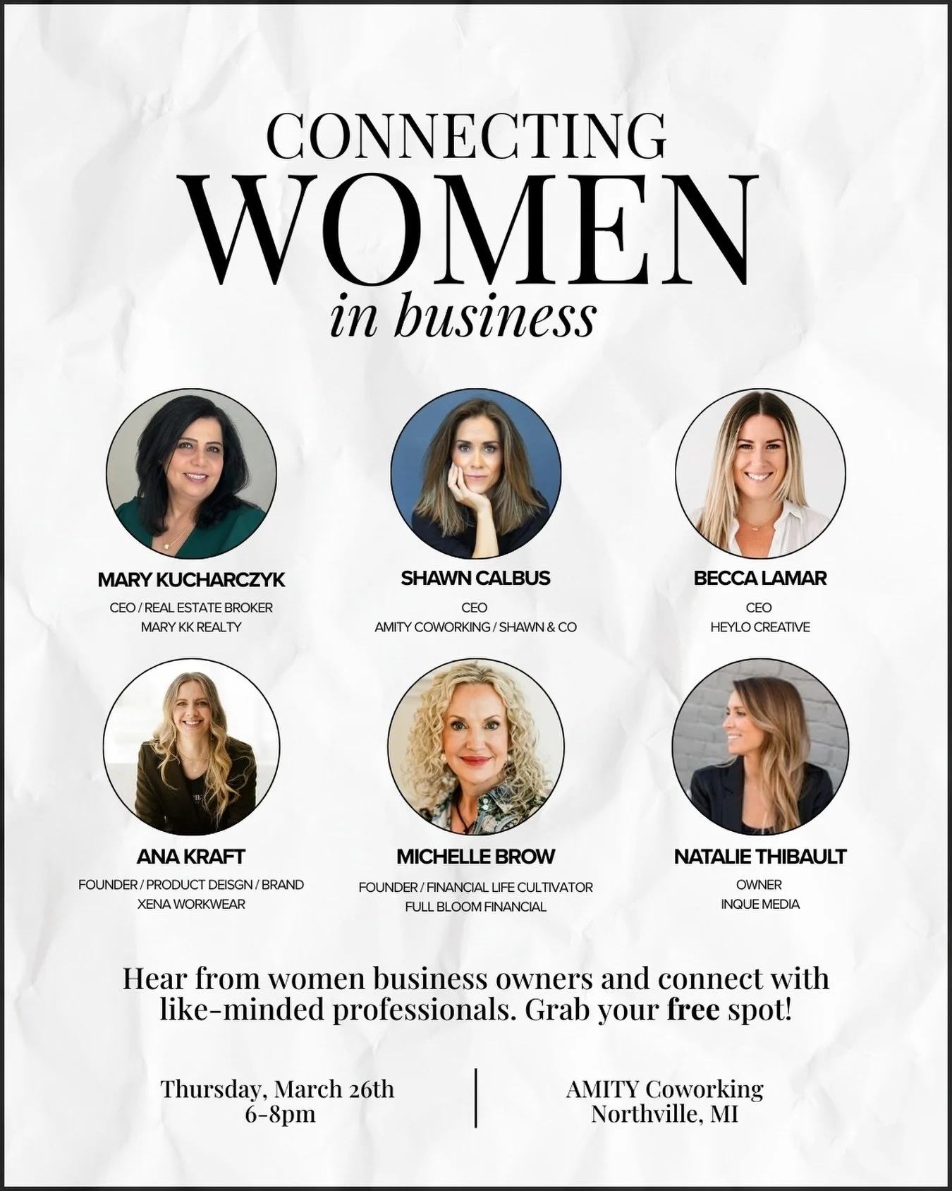 Join us for a FREE women in business panel on March 26th from 6 to 8 PM at AMITY 💬

Hear from five incredible women business owners as they share their journeys, answer your questions, and speak openly about entrepreneurship 🌟

Bring your own food 