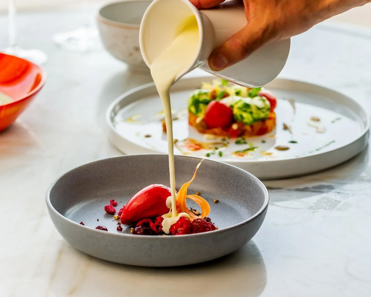 Textures of raspberry | White chocolate and yogurt soup, fresh raspberry sorbet 
Chef @sierra4407