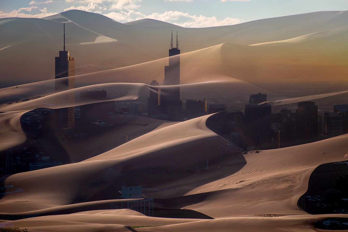 Excited to share latest work in my Merging Worlds series&mdash;Double exposure of Chicago and Great Sand Dunes National Park 🎞️ 🎞️ 
.
.
.
#doubleexposure #chicago #greatsanddunesnationalpark #travel #colorado #willistower #nationalpark #sanddunes #