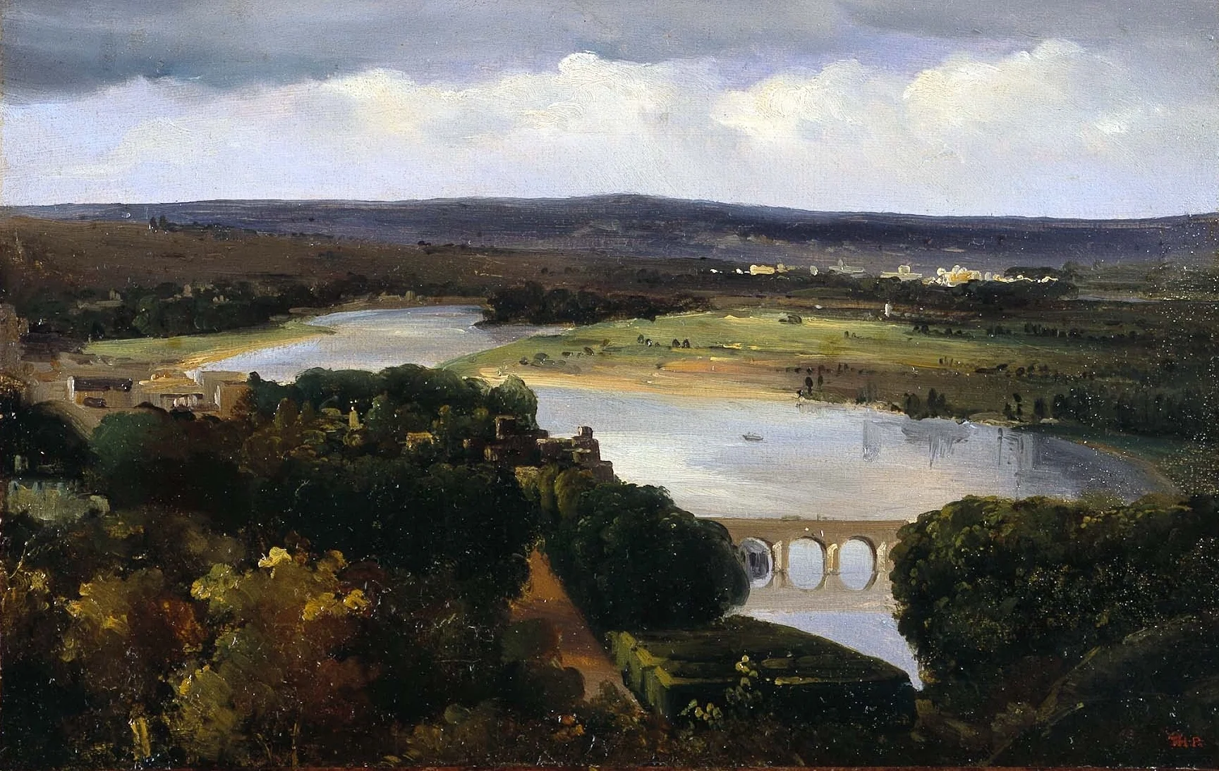 Théodore Rousseau, A Panoramic View with a Bridge Over the Seine, Near Paris, c. 1830-1835. Oil on paper mounted on canvas.