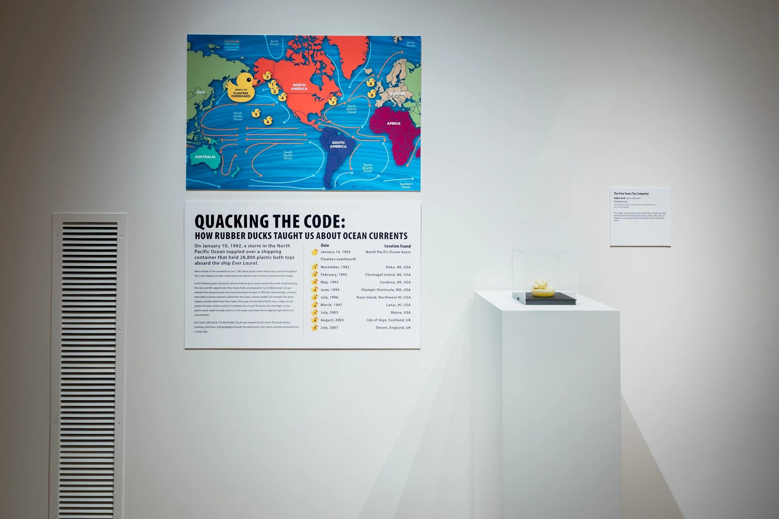   The First Years (Toy Company),  Rubber duck from 1992 Ever Laurel ship spill,  10 Little Rubber Ducks , Harper Collins, 2005.    Splish, Splash, Story: Selections from The Eric Carle Museum of Picture Book Art.  Photo by Bailey Bolton for the Minne