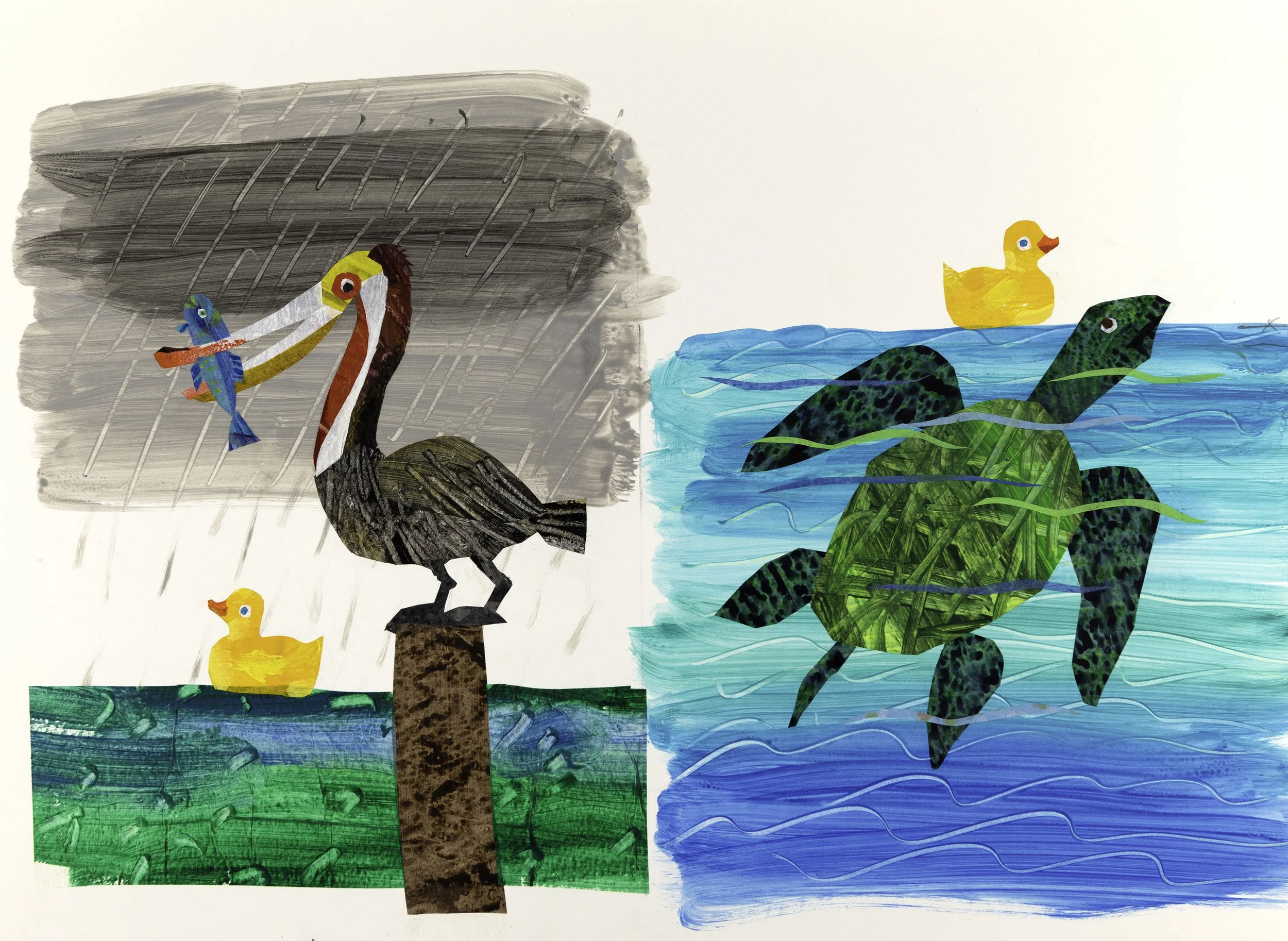   Eric Carle  (American, 1929-2021), “The 5th little rubber duck drifts to the left. A pelican chatters at it.”  10 Little Rubber Ducks , Harper Collins, 2005. Final illustration, as published. Acrylic and collage of acrylic-painted tissue paper on i