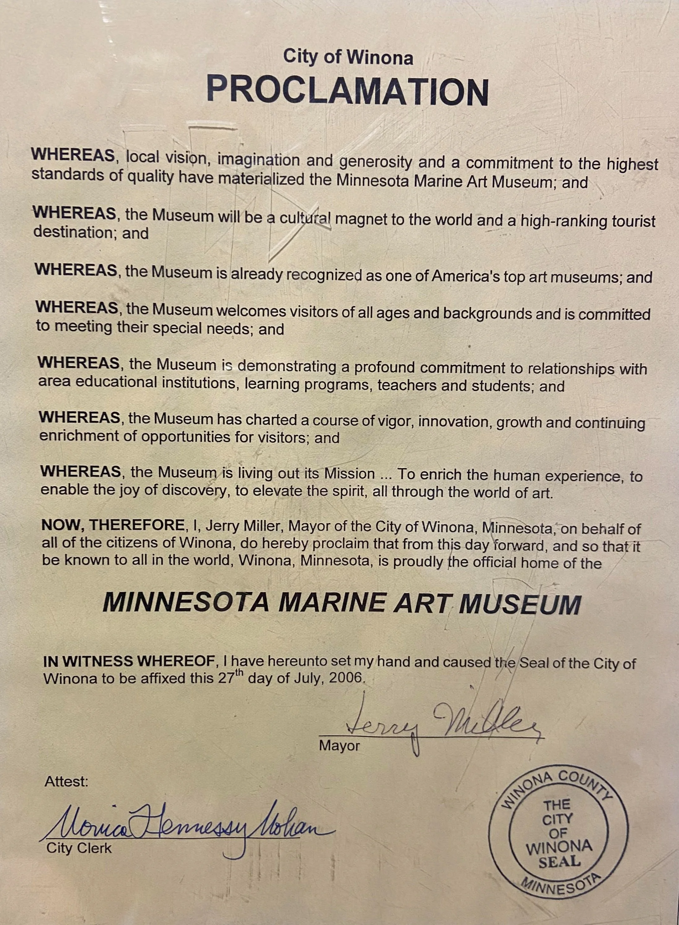City of Winona Proclamation Document about the Minnesota Marine Art Museum.