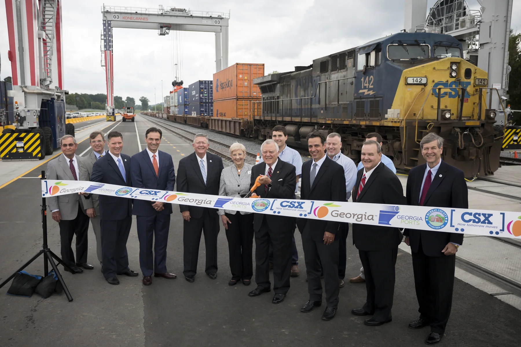 Gov. Nathan Deal, center, cuts a ribbon during the Grand Opening of the Appalachian Regional Port near Chatsworth, Ga., Wednesday, Aug. 22, 2018. Improved rail access to the area has led to increased interest from manufacturers and logistics services. The inland terminal will be operated by the Georgia Ports Authority and served by CSX. Find print quality images here . Learn more about the Appalachian Regional Port here. (Georgia Ports Authority / Stephen B. Morton)