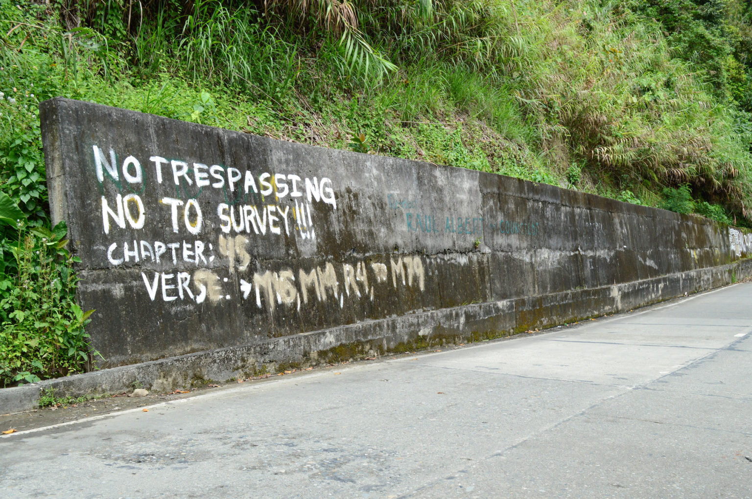 A roadside retaining wall vandalized with anti-dam messages. Image by Karlston Lapniten for Mongabay