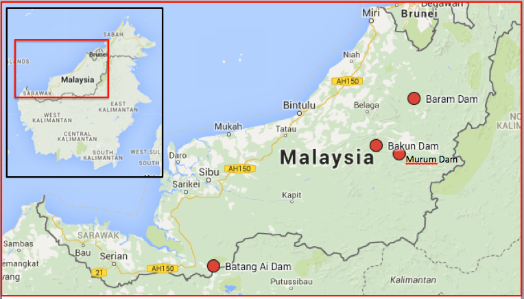 Map shows the location of the proposed Baram Dam, as well as three completed dams in Sarawak, Malaysia: Batang Ai Dam, Bakun Dam, and Murum Dam. Under SCORE, twelve large dams, including these, had been planned for construction in Sarawak by 2030. Map courtesy of Google Maps.