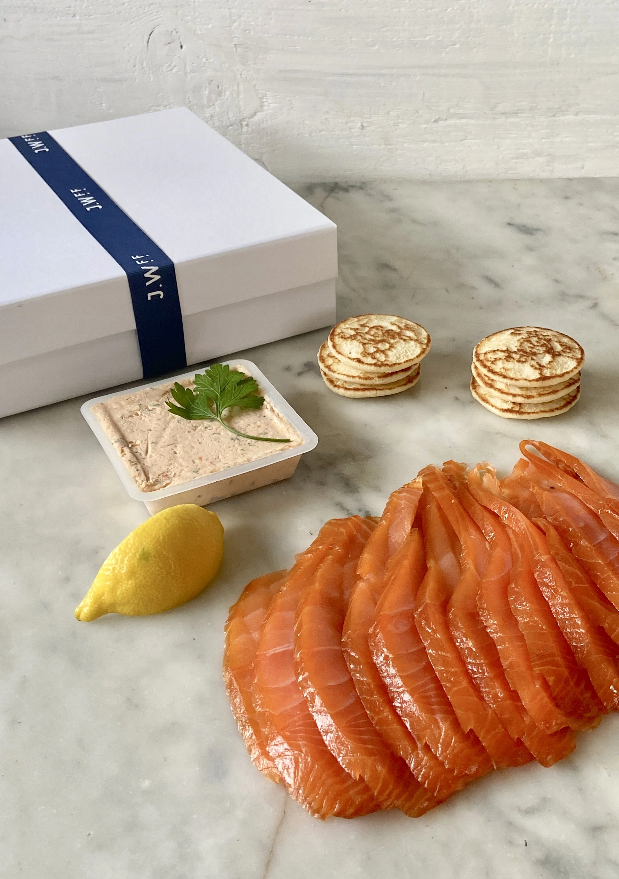 Stonehenge Supper -time Box-- Smoked Salmon, Smoked Salmon Pate & Blinis.