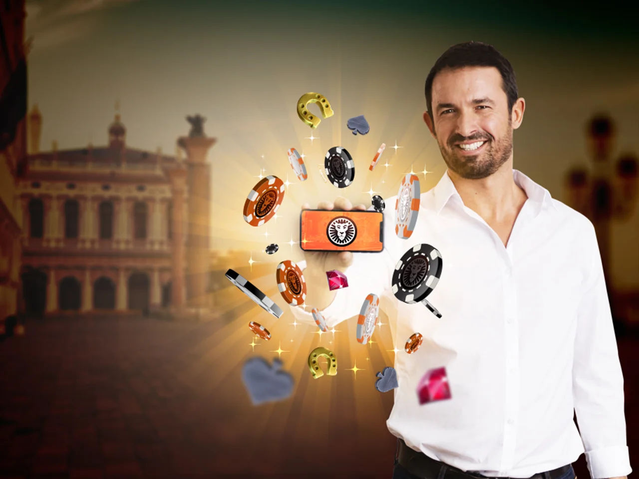brand ambassador in Venice holding a smartphone with popping slot symbols