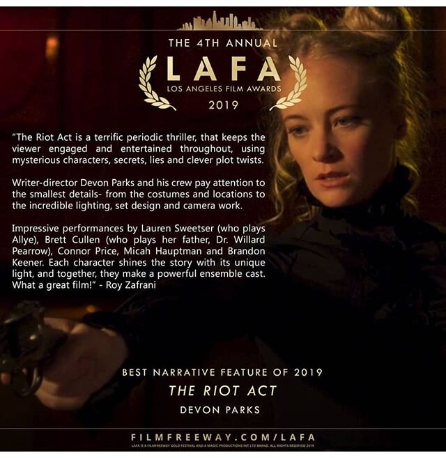 🏆 Best Narrative Feature 2019🏆 What a great way to end the year, thank you so much @roy.zafrani and the entire @lafilmawards team!!! Couldn&rsquo;t be more proud of this film and our team. #riotactfilm