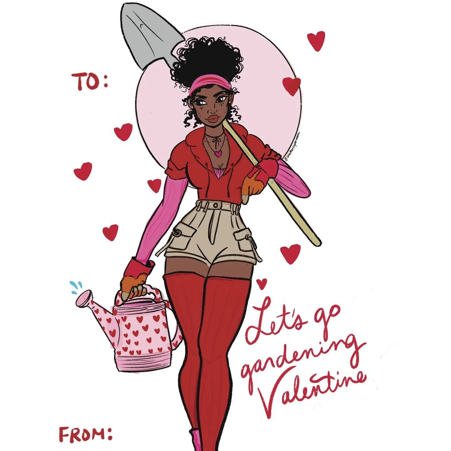 Let&rsquo;s go gardening Valentine! Inspired by classic pinup and valentine cards 💞❤️👩🏾&zwj;🌾&mdash;&mdash;
Instagram eats the quality, check it out in the stories if you want a new hq background 😘
-
-
I was V close to titling this can I be your