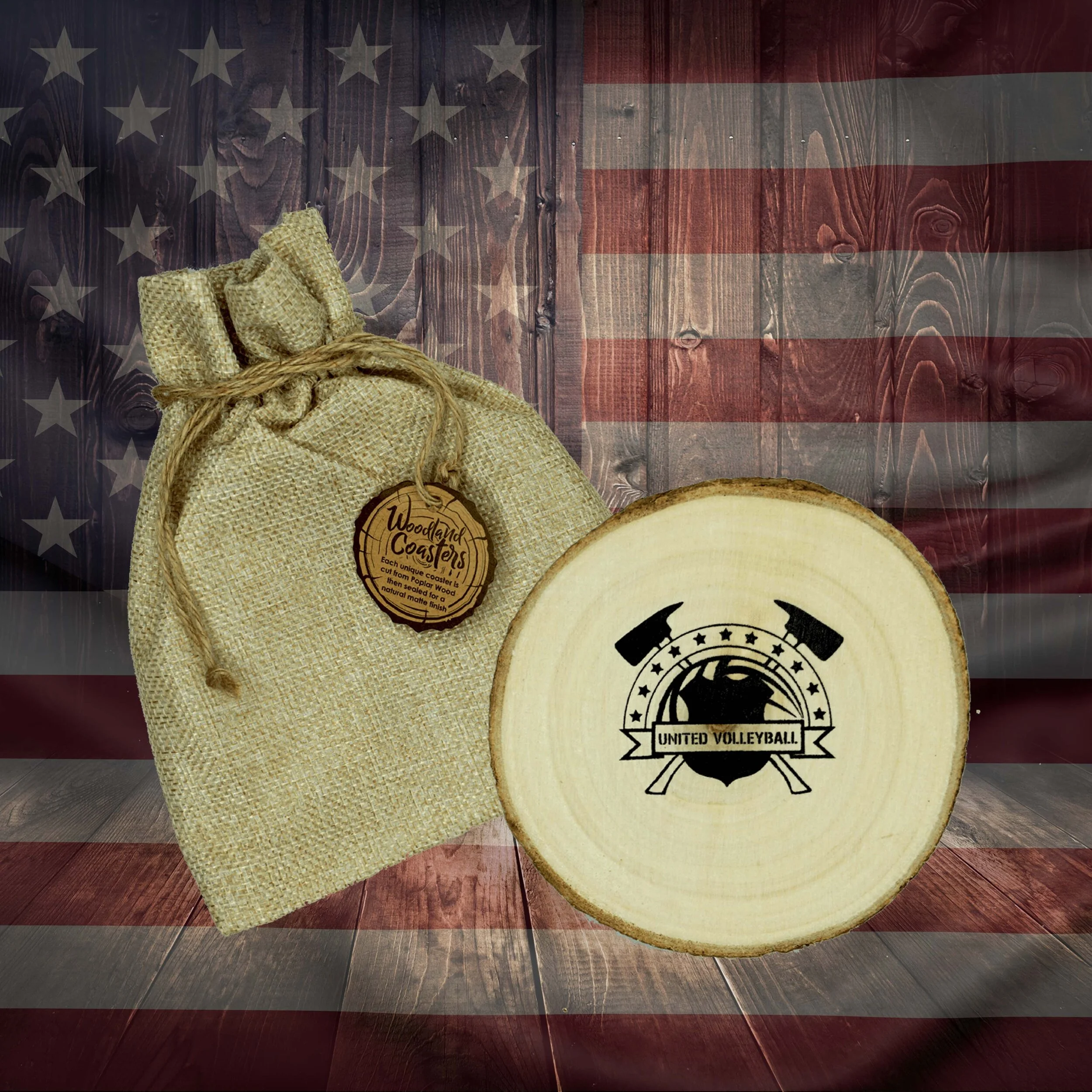 United Volleyball Wooden Coaster and Bag