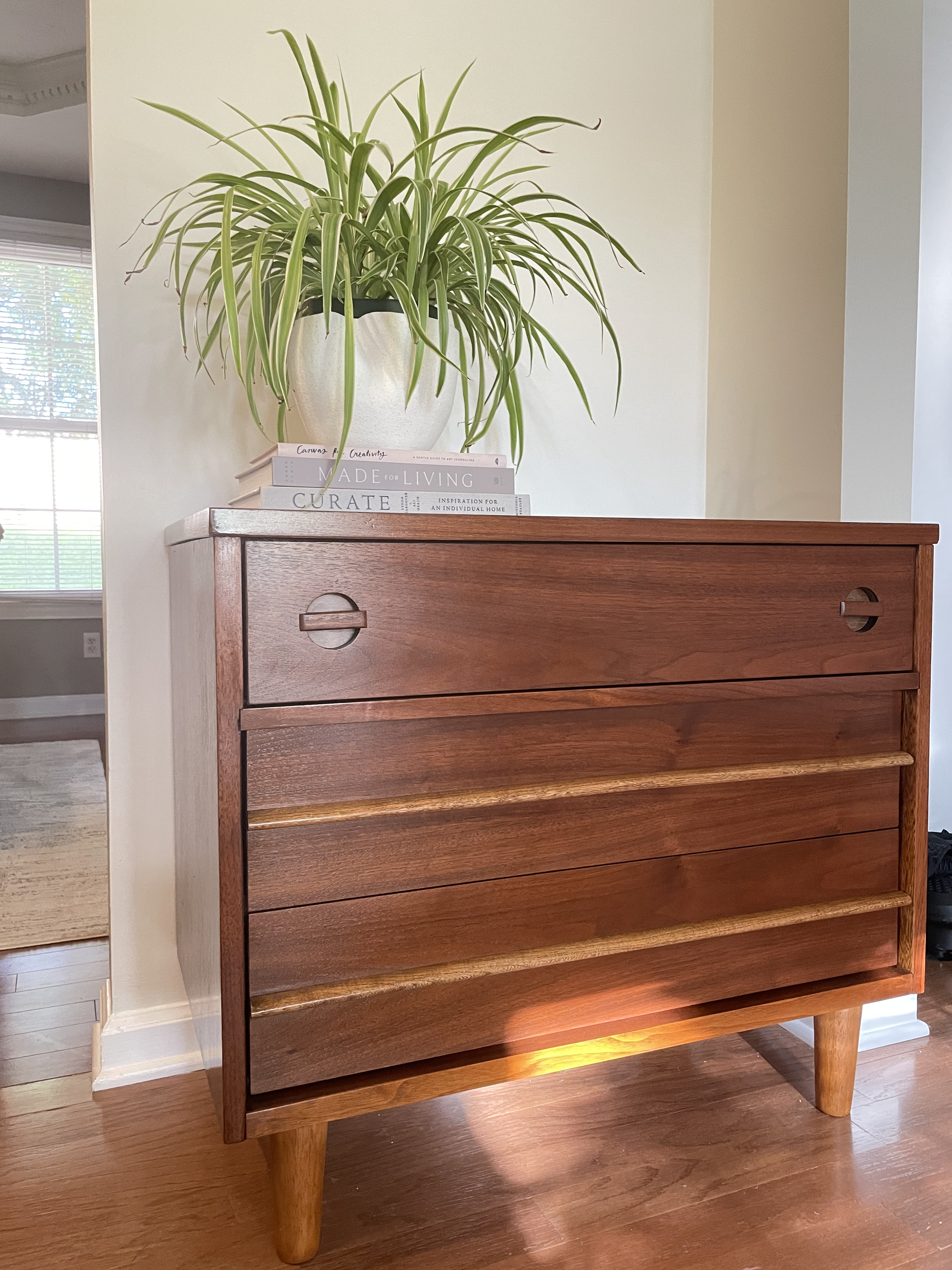 Fully restored mid century modern basset 3 drawer nightstand or small dresser with replica tapered legs and styled with a book stack and spider house plant. Sold for $300 profit.