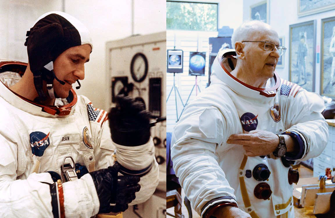Alan Bean (LMP, Apollo 12) trying on one of my replica suits.