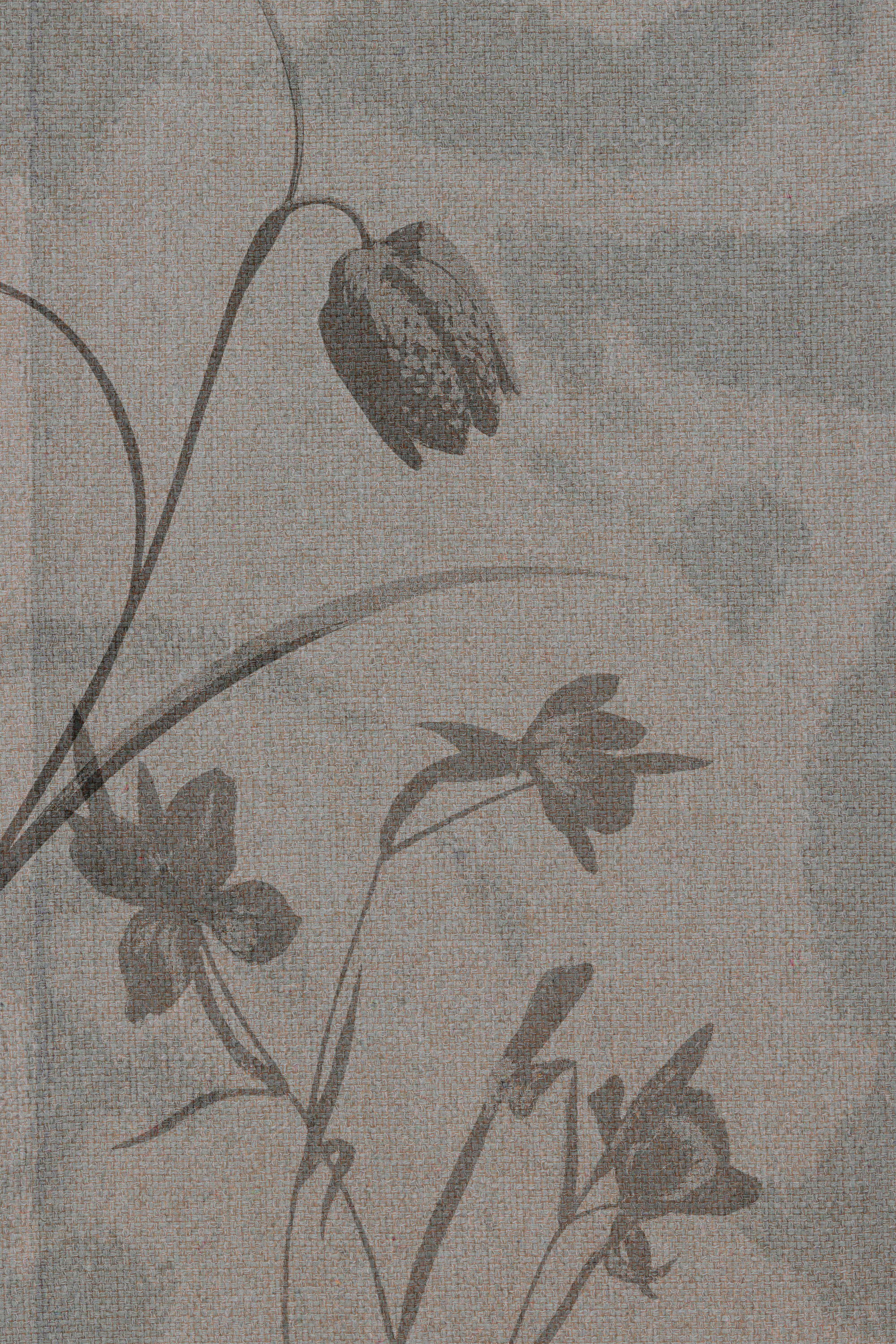A black and white illustration of a potted plant with flowers and leaves on a textured background.