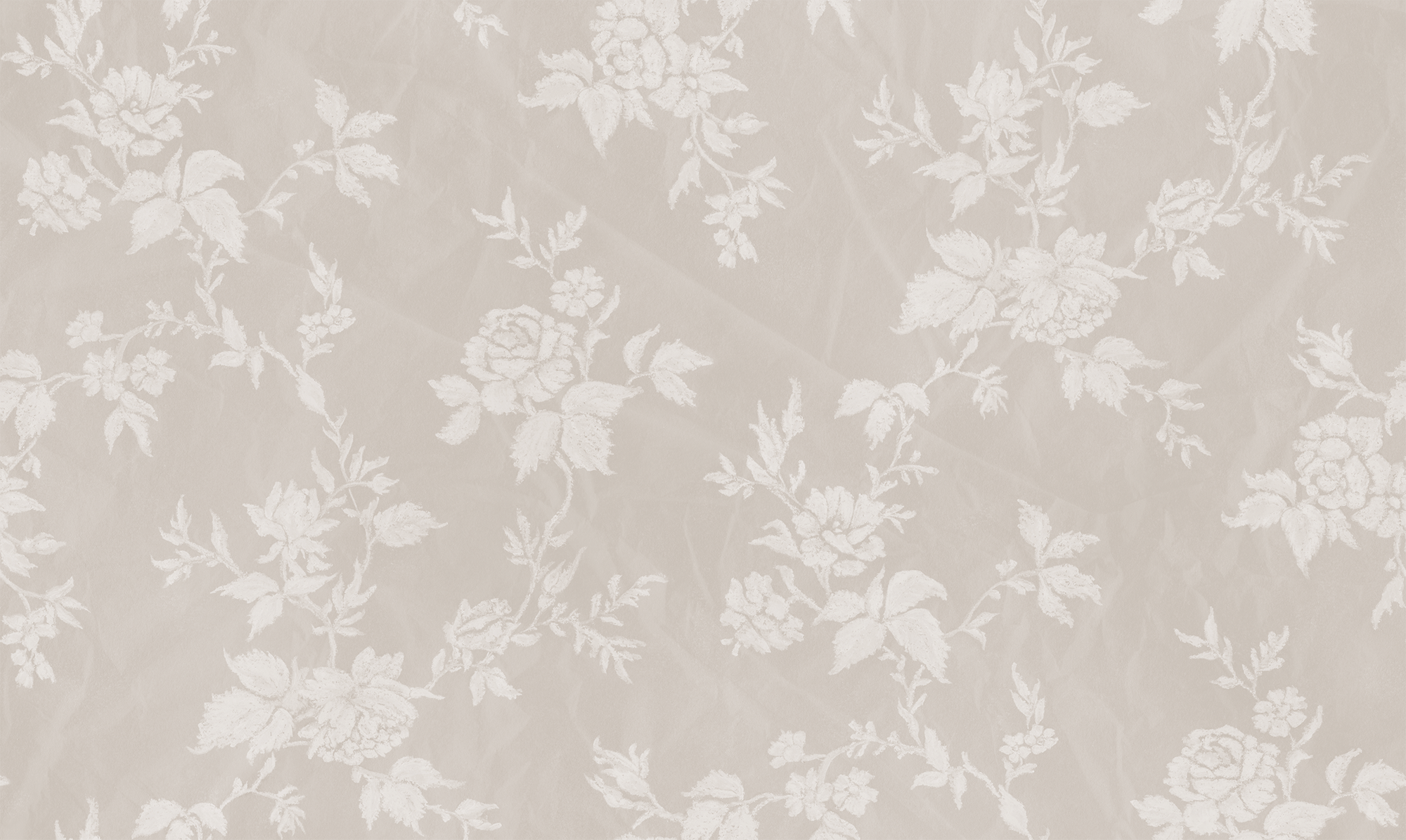 Decorative wallpaper with a floral pattern of white flowers and leaves on a light beige background.