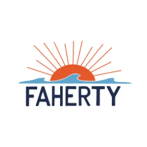 Logo with a sun rising behind waves and the text 'FAHERTY' beneath.